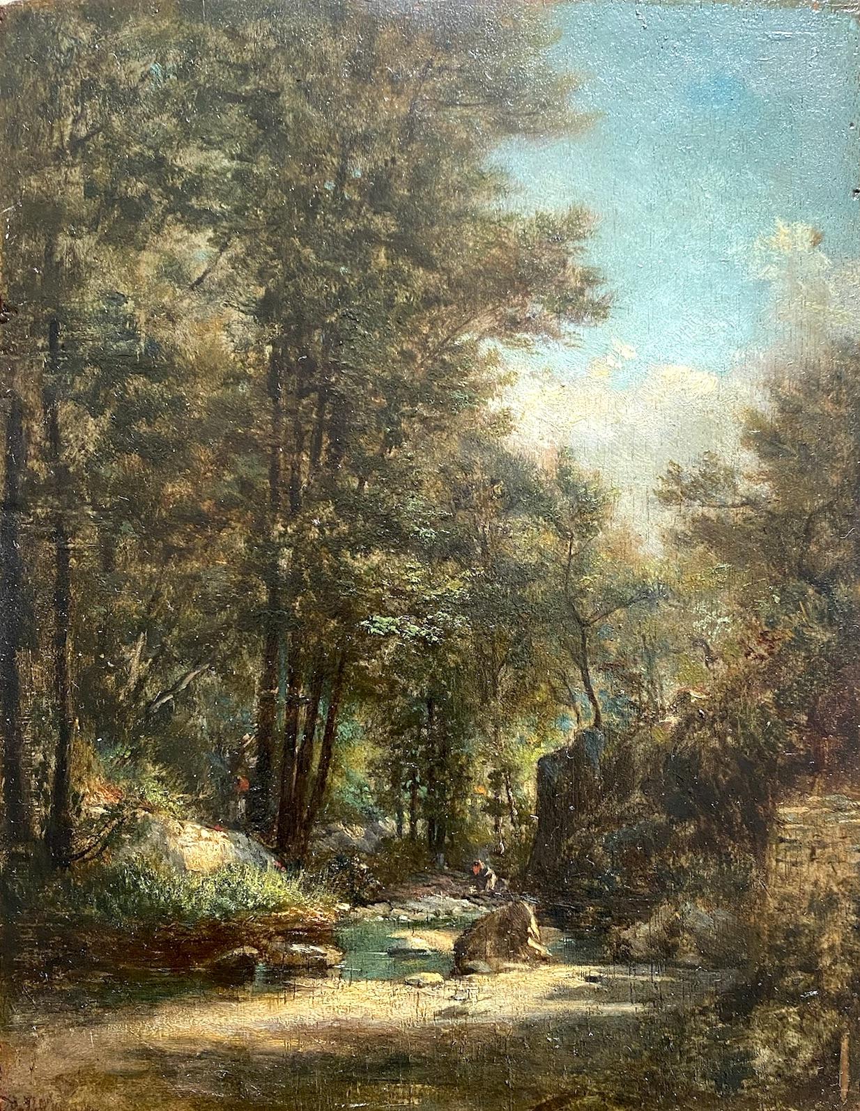 Figures au bord d'un ruisseau, Solitude dans les Woods, Fontainebleau Paysage romantique - Painting de Paul Flandrin