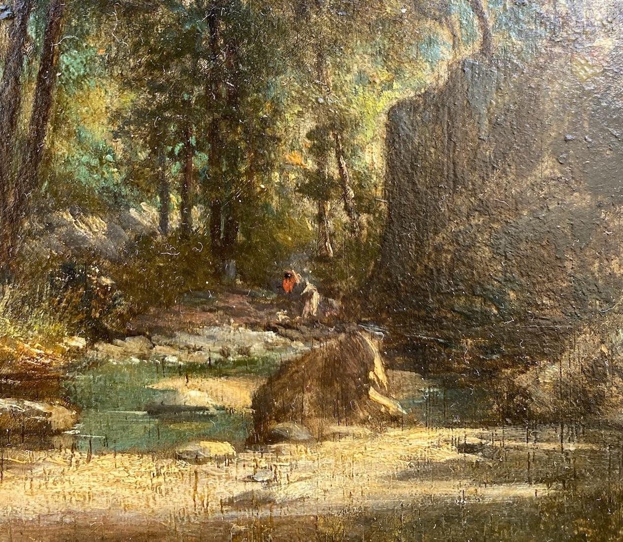 Figures au bord d'un ruisseau, Solitude dans les Woods, Fontainebleau Paysage romantique - École de Barbizon Painting par Paul Flandrin
