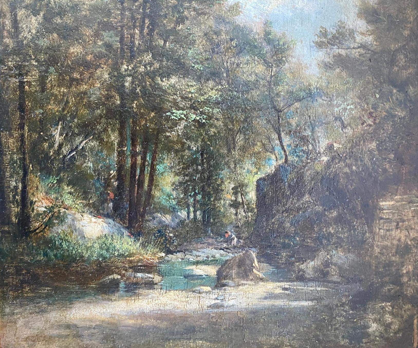 Figures au bord d'un ruisseau, Solitude dans les Woods, Fontainebleau Paysage romantique - Marron Figurative Painting par Paul Flandrin