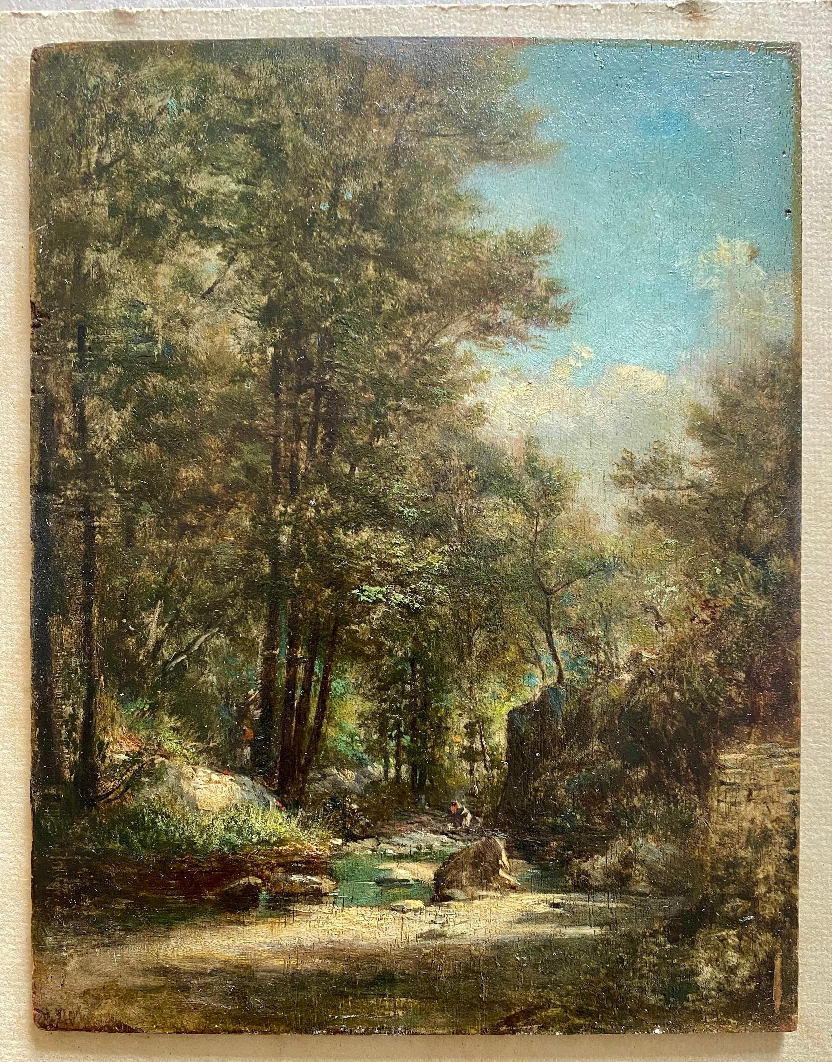 Figures au bord d'un ruisseau, Solitude dans les Woods, Fontainebleau Paysage romantique en vente 2