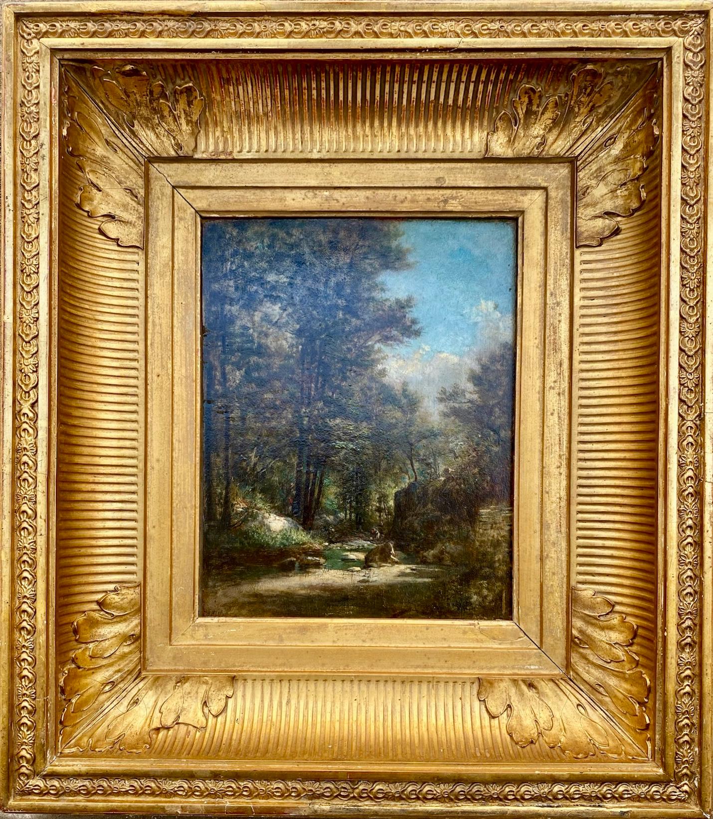 Figurative Painting Paul Flandrin - Figures au bord d'un ruisseau, Solitude dans les Woods, Fontainebleau Paysage romantique