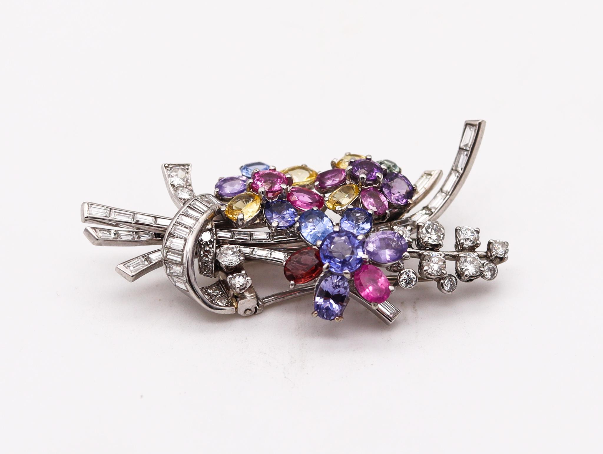 Art Deco Paul Flato 1940 Deco Retro Brooch Platinum 27.09 Ctw Color Sapphires & Diamonds For Sale