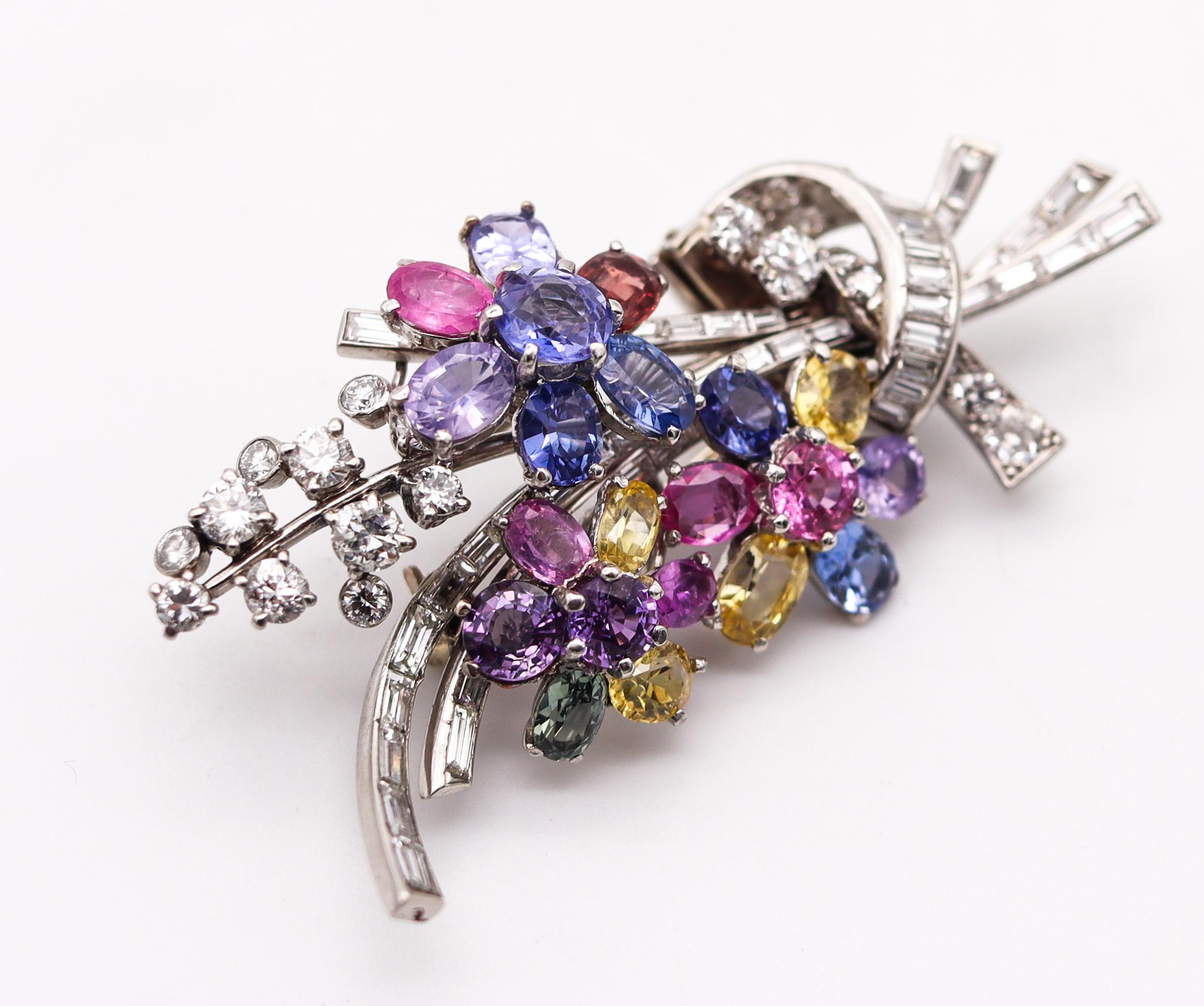 Brilliant Cut Paul Flato 1940 Deco Retro Brooch Platinum 27.09 Ctw Color Sapphires & Diamonds For Sale