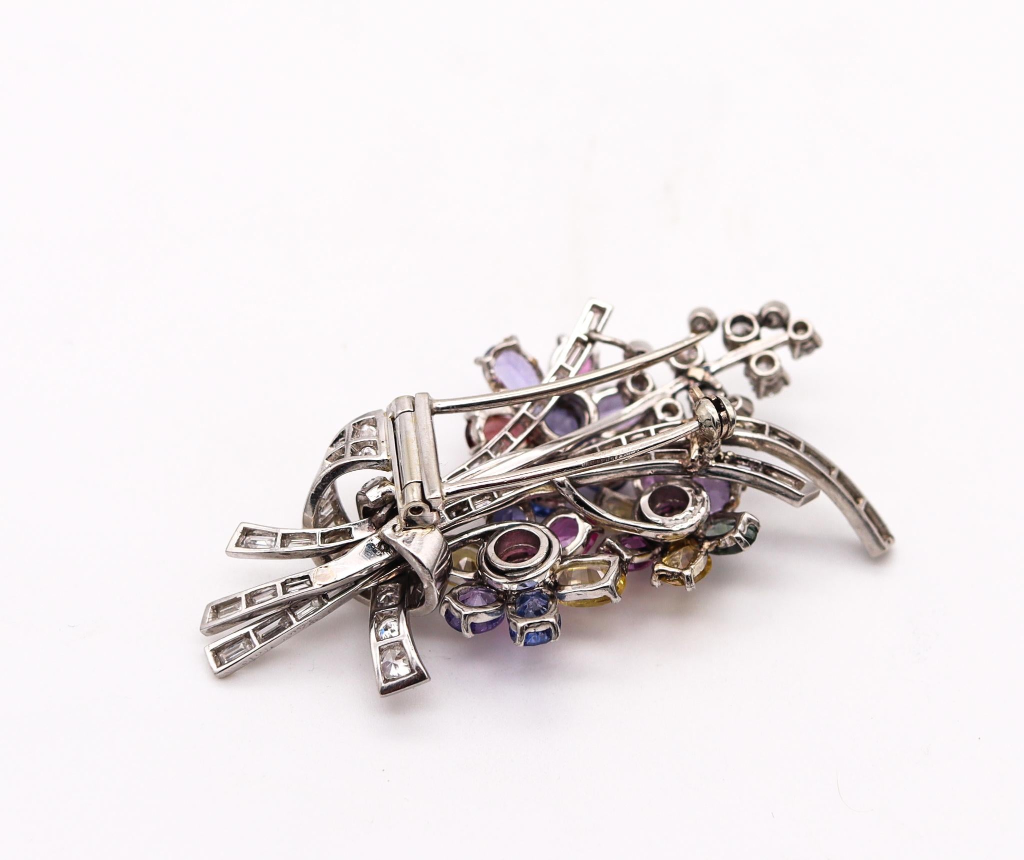 Paul Flato 1940 Deco Retro Brooch Platinum 27.09 Ctw Color Sapphires & Diamonds In Excellent Condition For Sale In Miami, FL