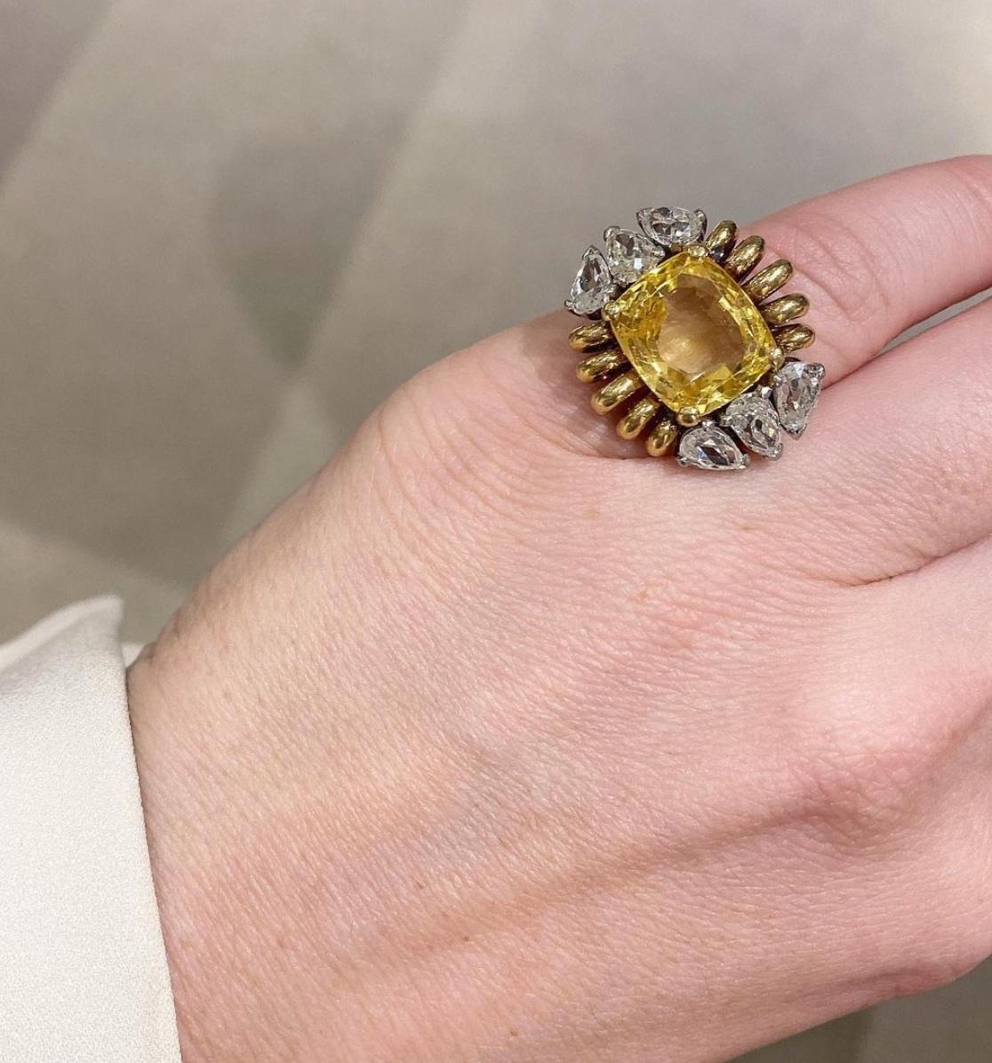 Retro Paul Flato 1940s Yellow Sapphire and Diamond Cocktail Ring