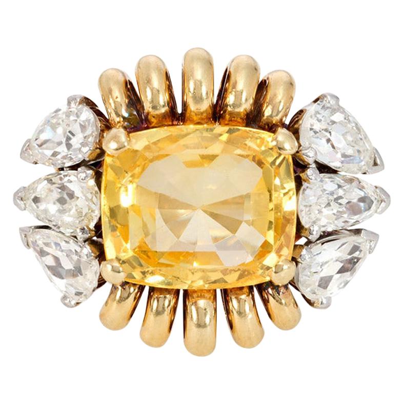 Paul Flato 1940s Yellow Sapphire and Diamond Cocktail Ring