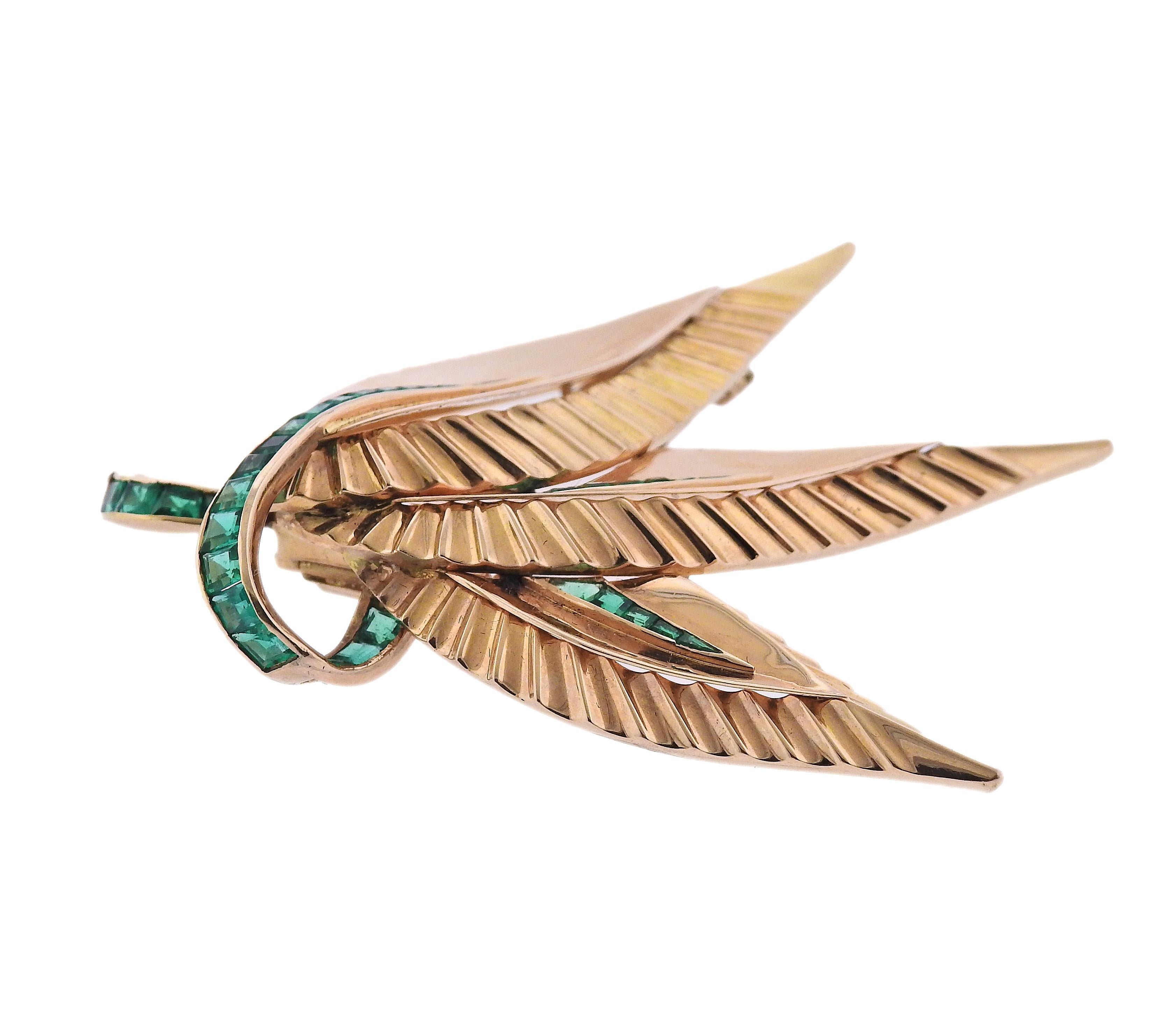Emerald Cut Paul Flato Emerald Gold Leaf Brooch Pendant For Sale
