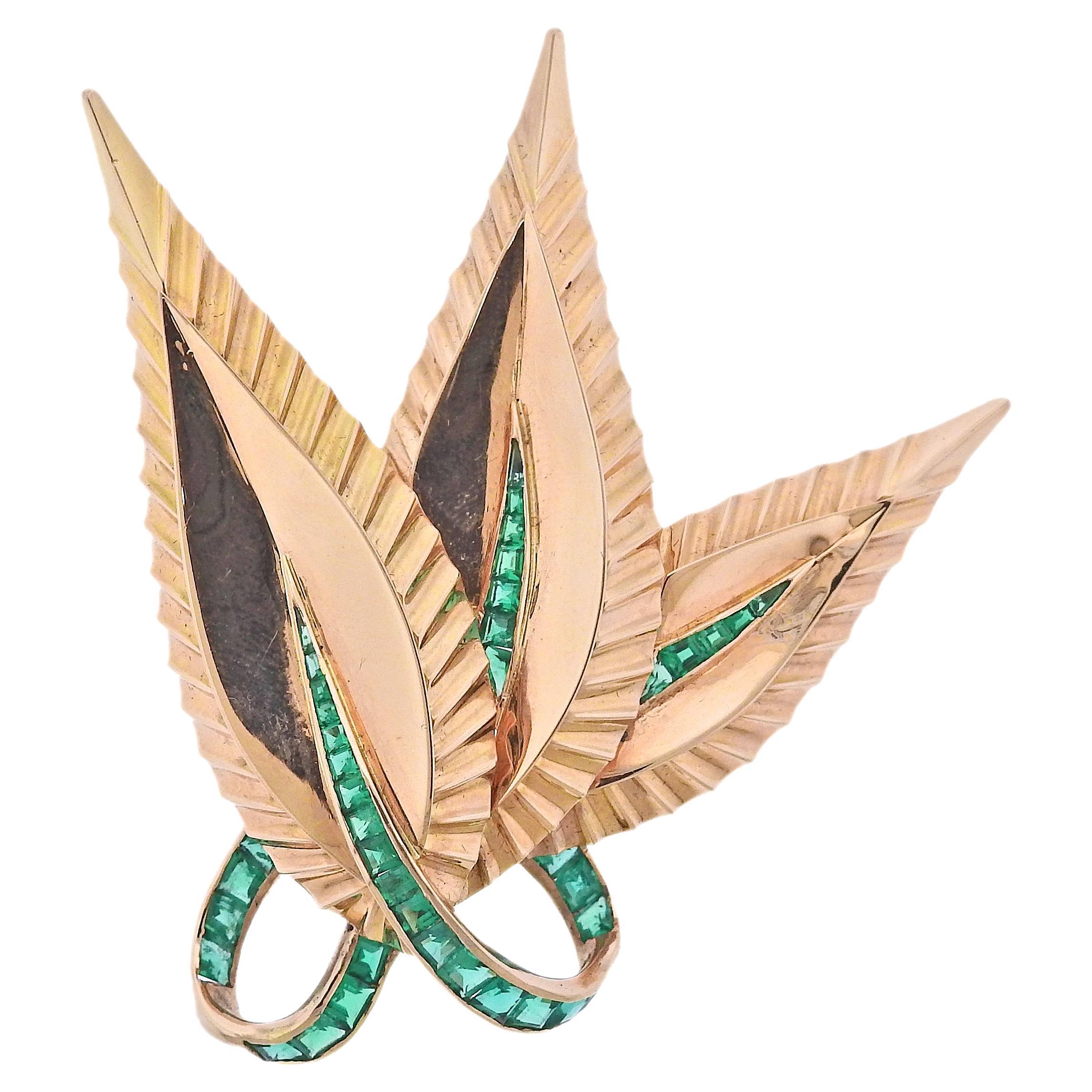 Paul Flato Emerald Gold Leaf Brooch Pendant