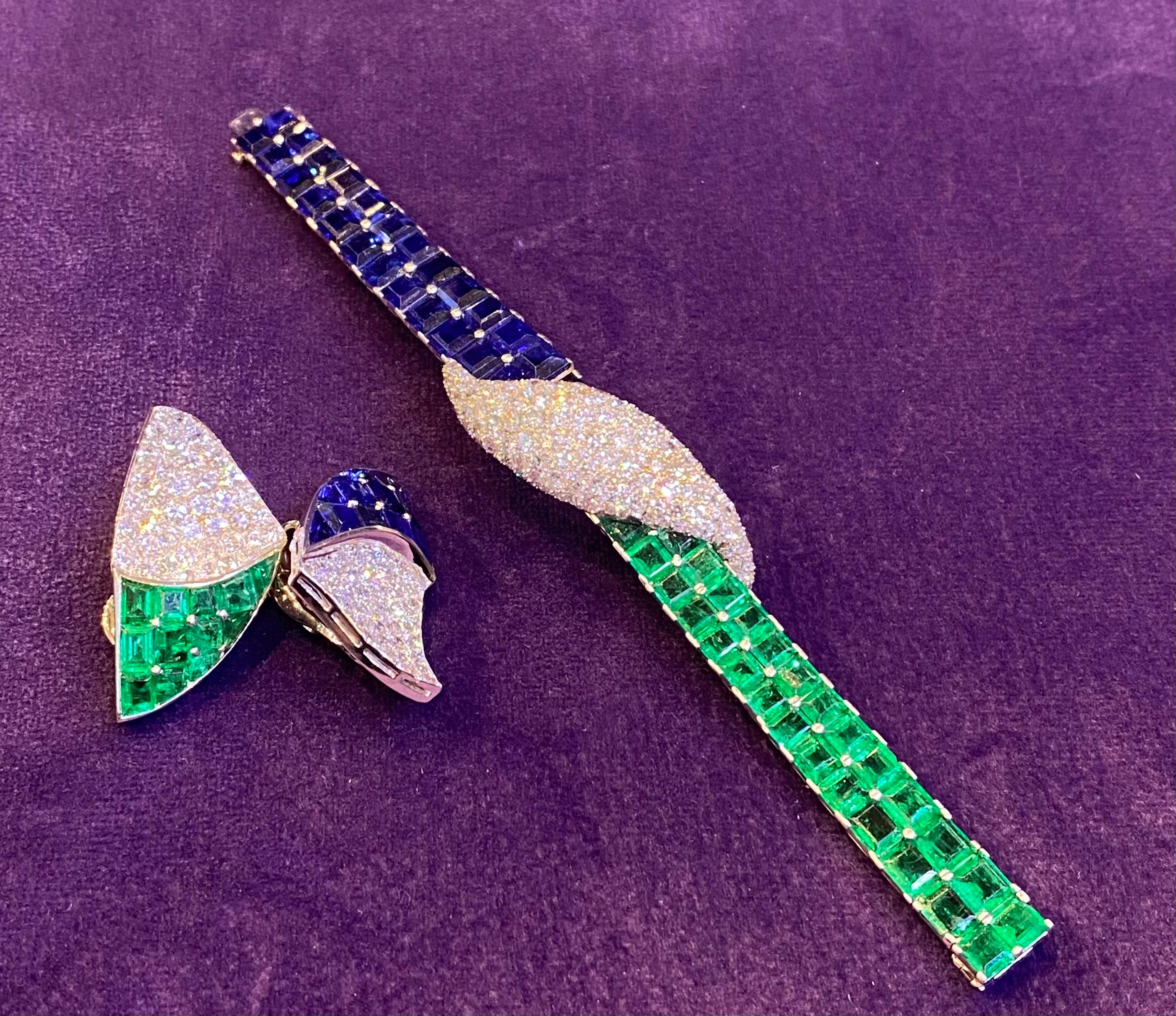 Paul Flato Emerald Sapphire & Diamond Bracelet & Earrings Set For Sale 3