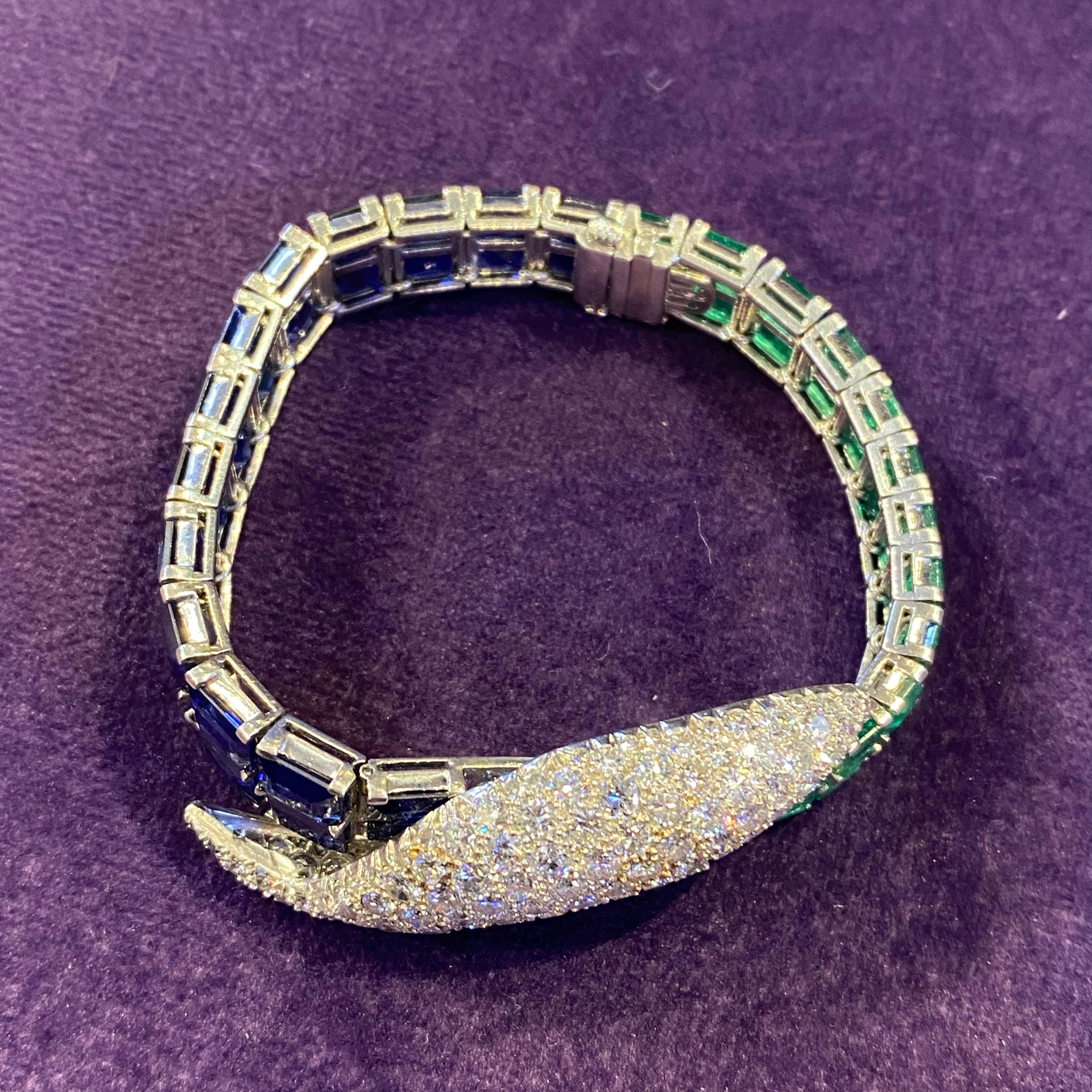 Paul Flato Emerald Sapphire & Diamond Bracelet & Earrings Set For Sale 4