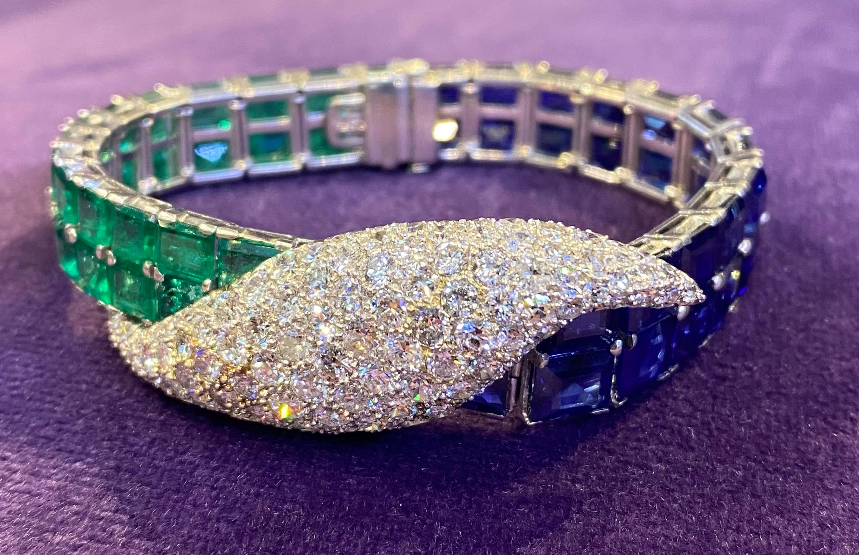 Paul Flato Emerald Sapphire & Diamond Bracelet & Earrings Set For Sale 5