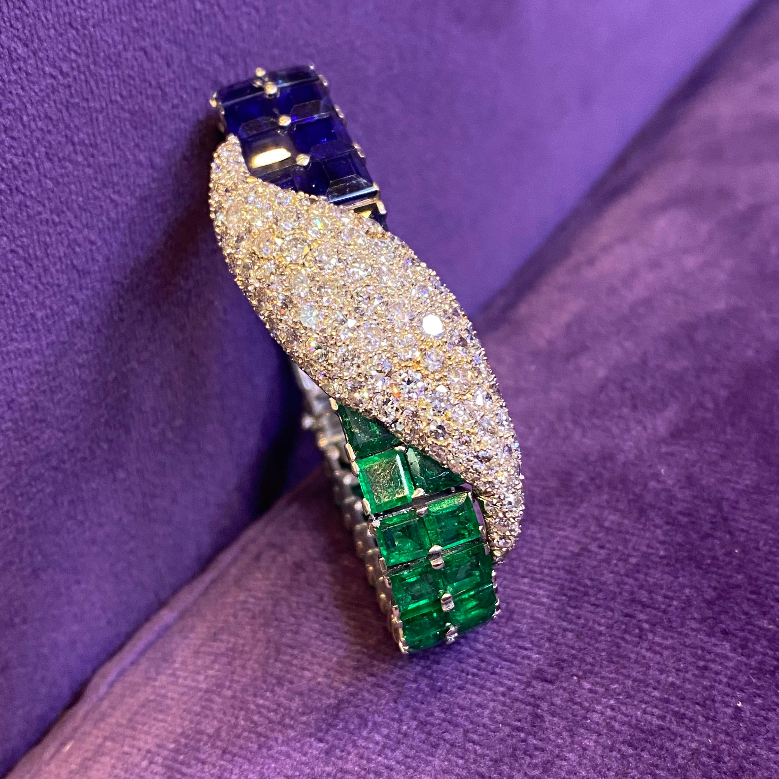Paul Flato Emerald Sapphire & Diamond Bracelet & Earrings Set For Sale 7