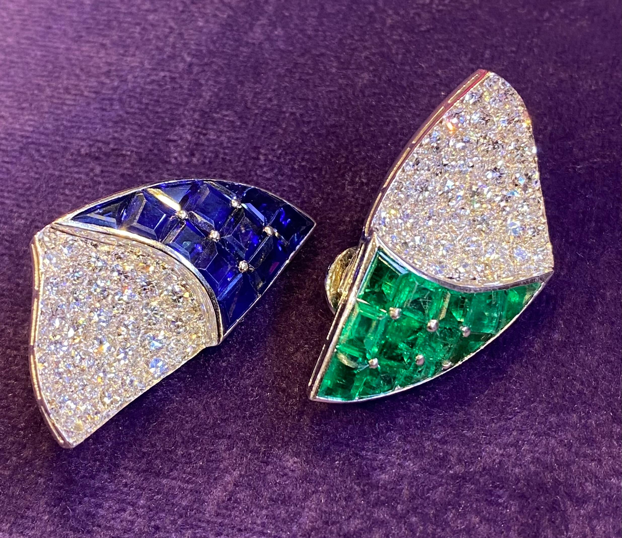 Paul Flato Emerald Sapphire & Diamond Bracelet & Earrings Set For Sale 9