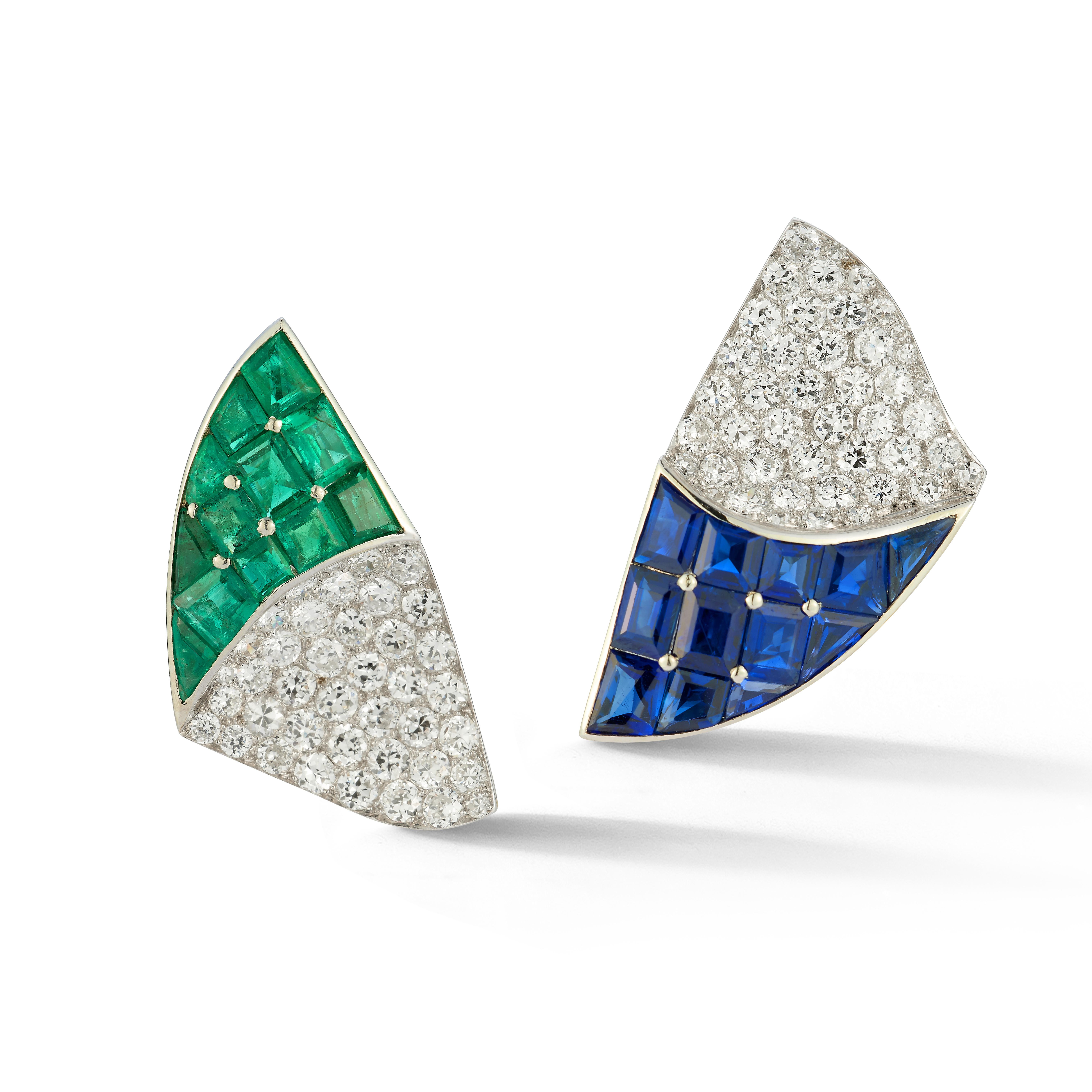 Paul Flato Bracelet et boucles d'oreilles émeraude, saphir et diamant Excellent état - En vente à New York, NY