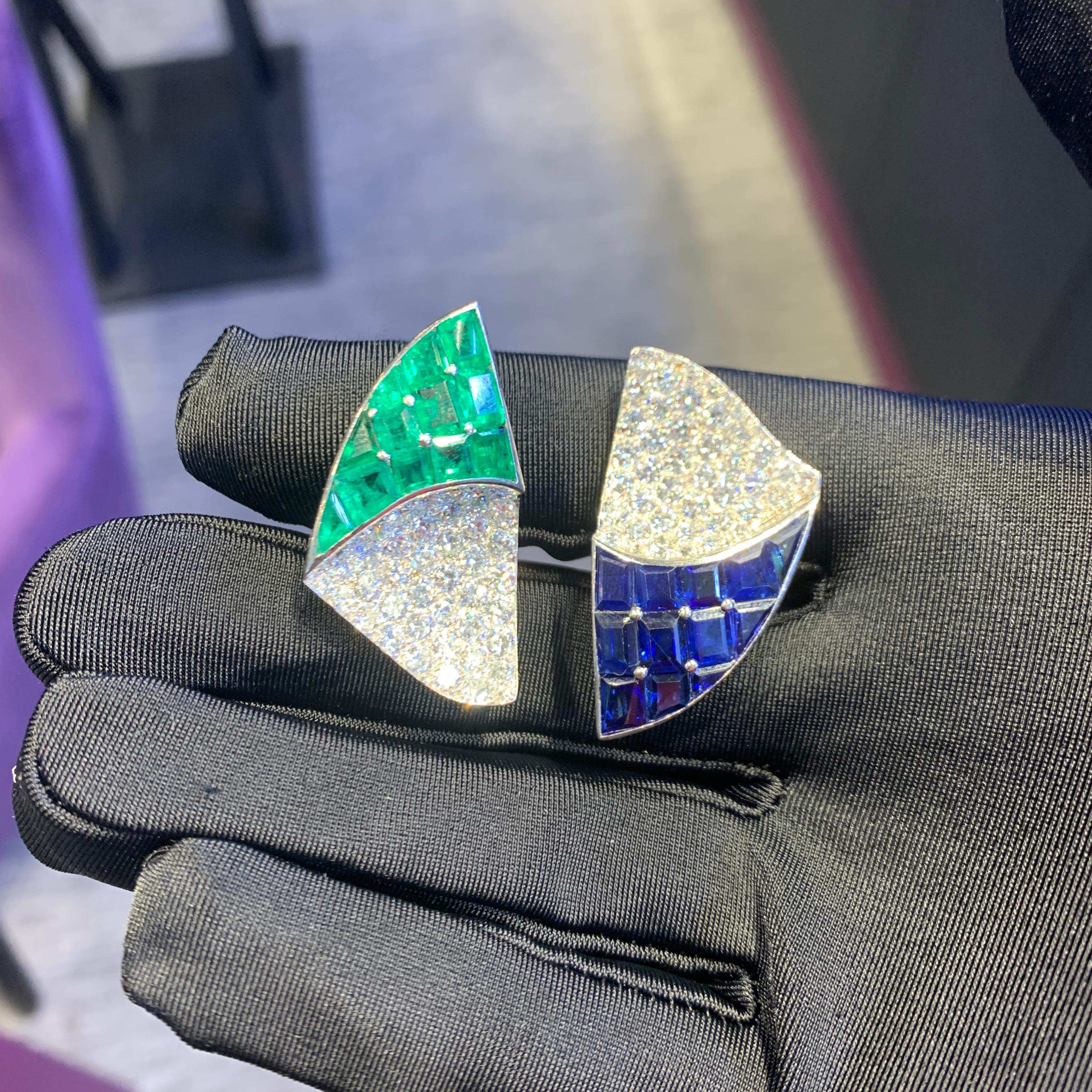 Round Cut Paul Flato Emerald Sapphire & Diamond Bracelet & Earrings Set For Sale