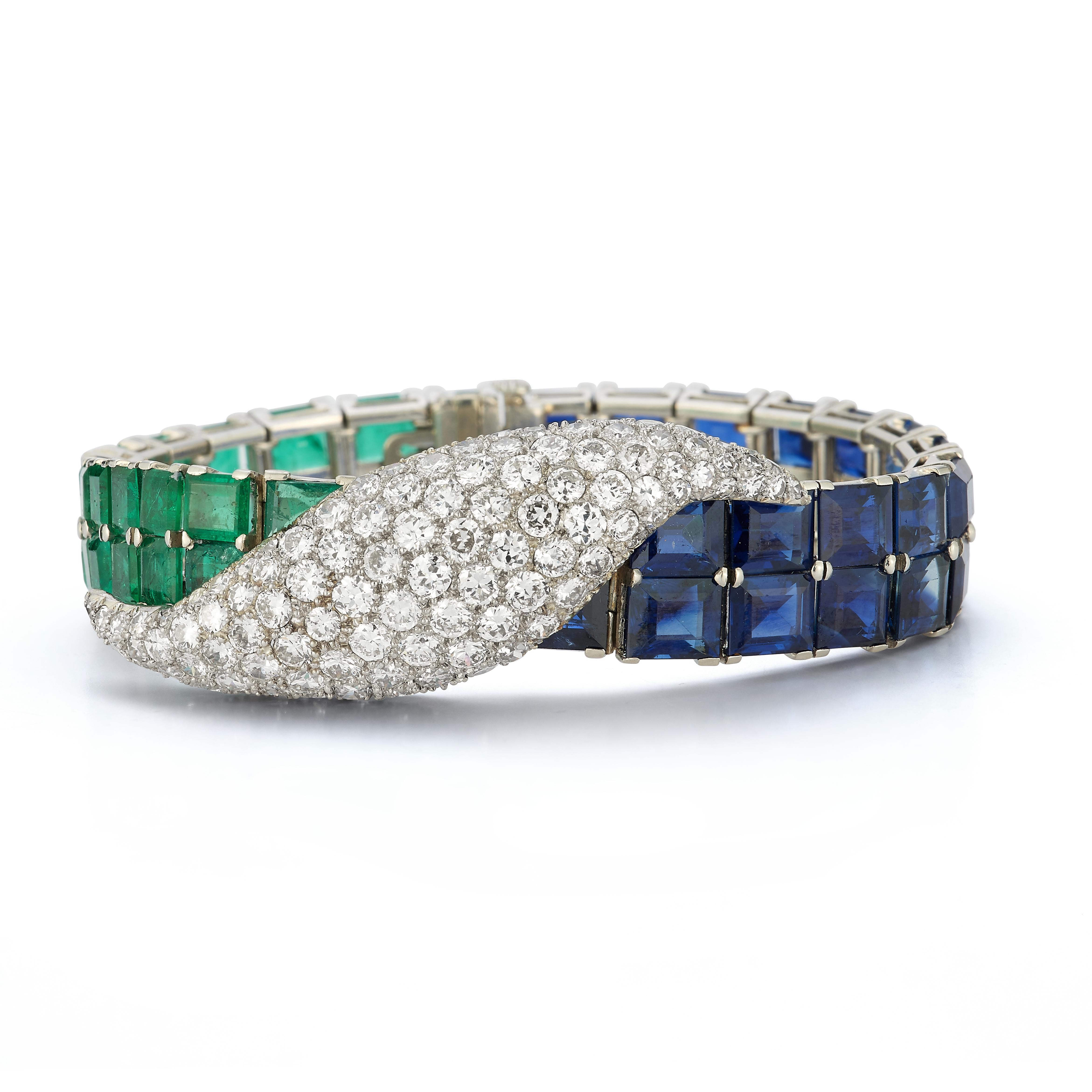 Paul Flato Smaragd Saphir & Diamant Armband & Ohrringe Set im Angebot 3