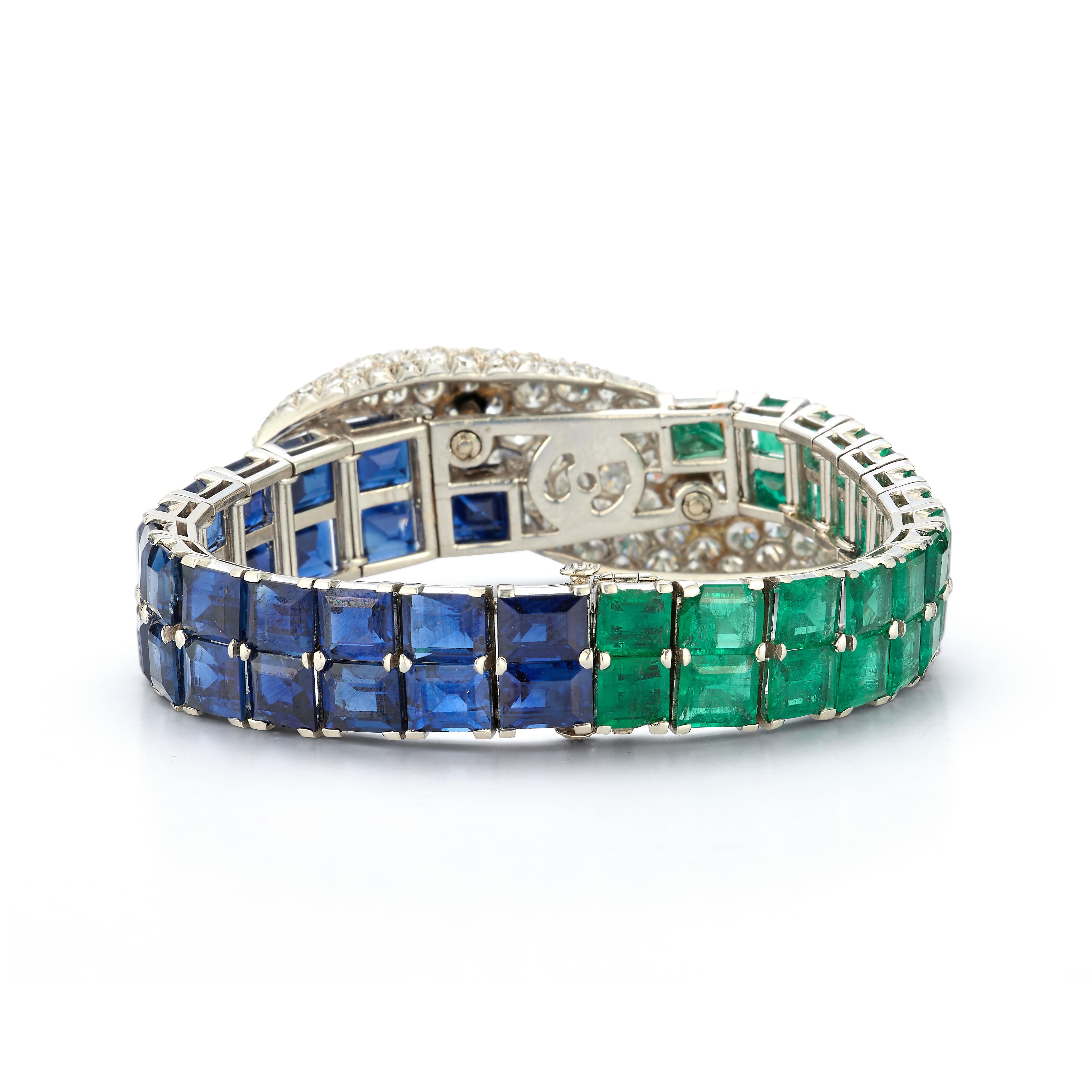 Paul Flato Emerald Sapphire & Diamond Bracelet & Earrings Set For Sale 1