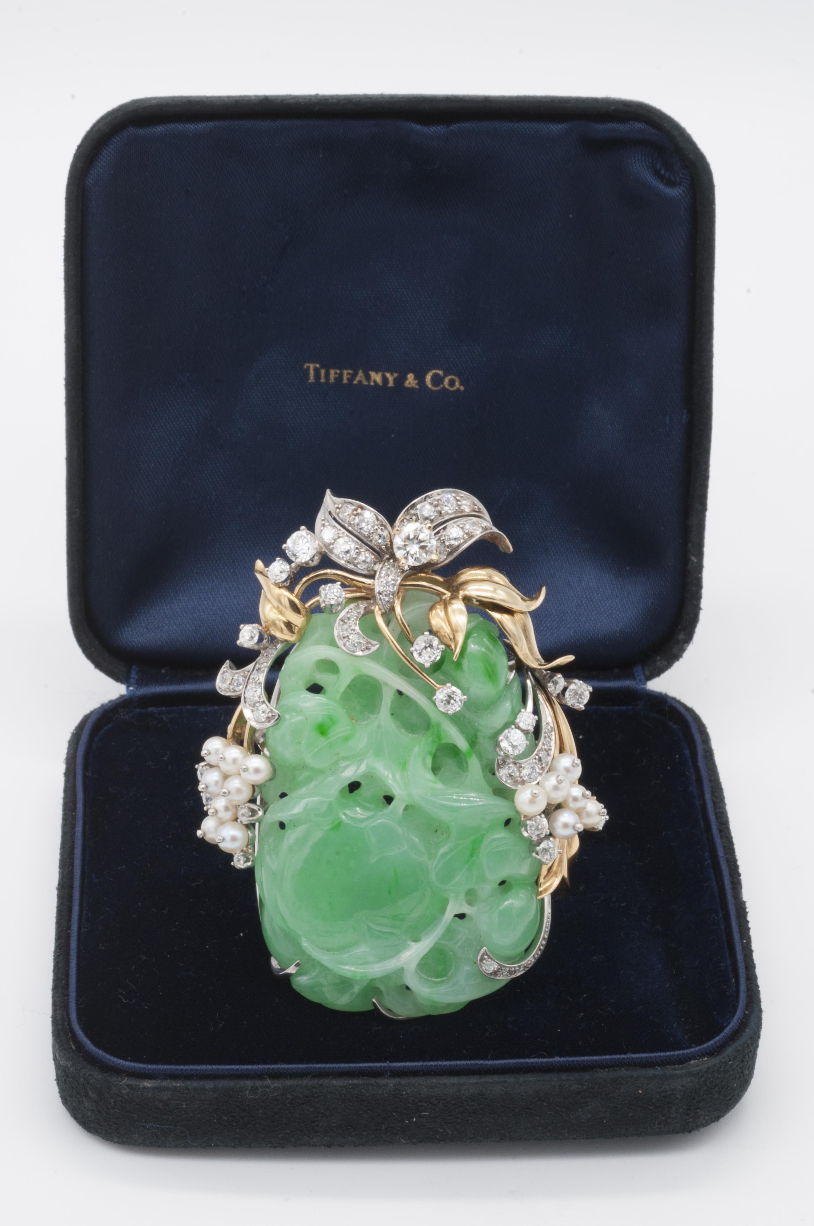 Art Deco Tiffany & Co. Jade, Pearl, Diamond and Gold Pin