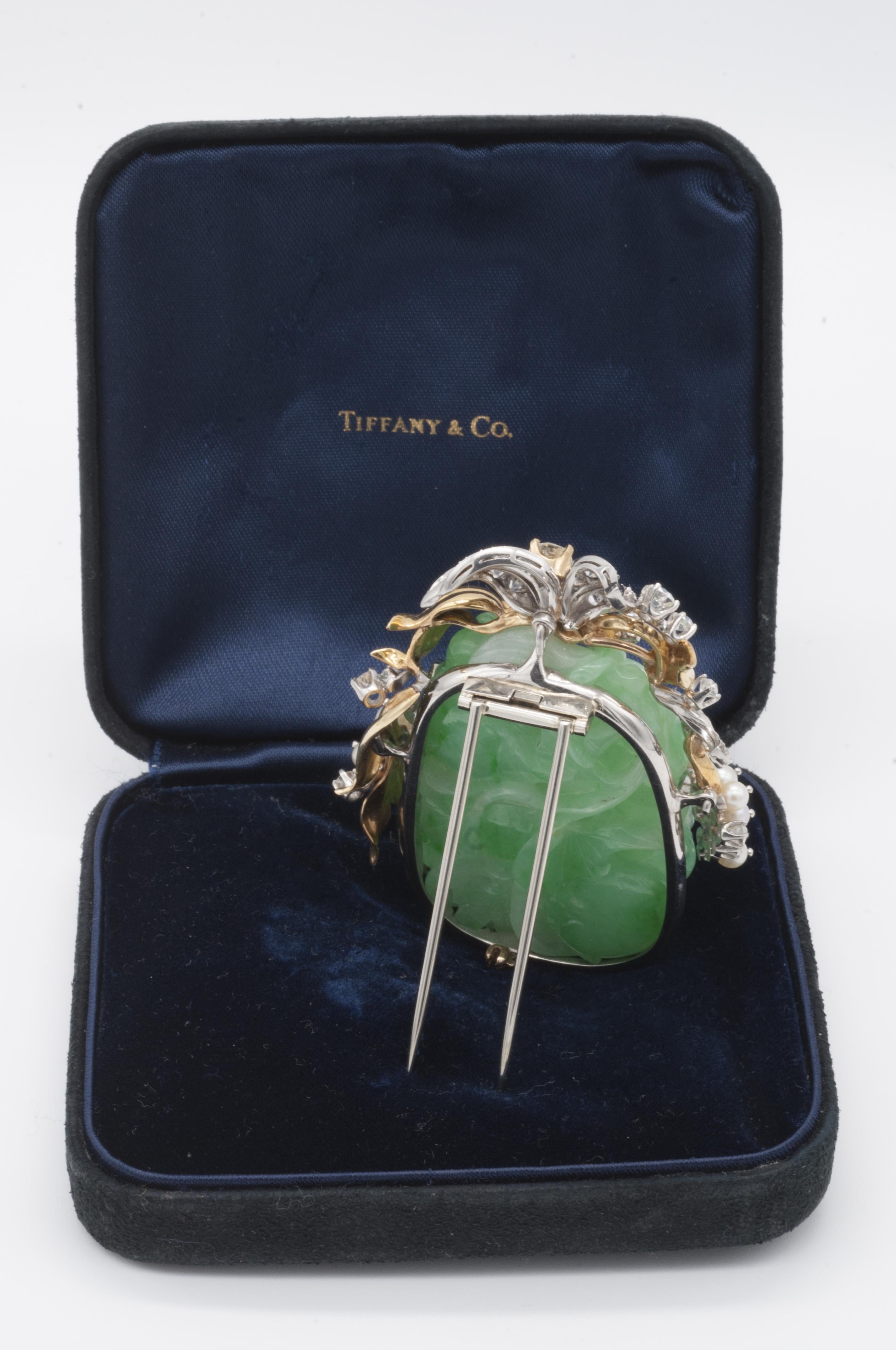 Brilliant Cut Tiffany & Co. Jade, Pearl, Diamond and Gold Pin