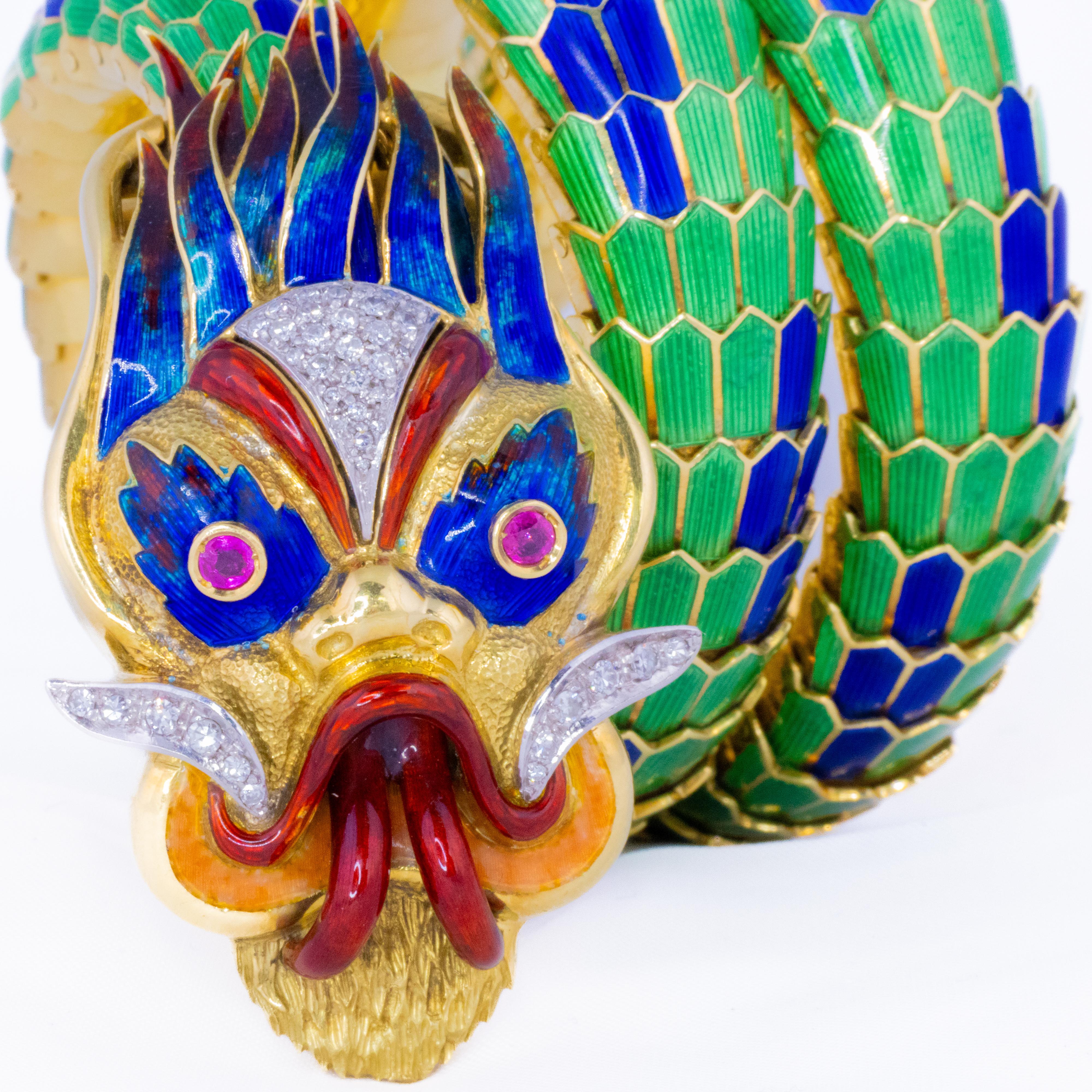Round Cut Paul Flato Gold, Multicolored Enamel, Ruby, and Diamond Dragon Bracelet For Sale