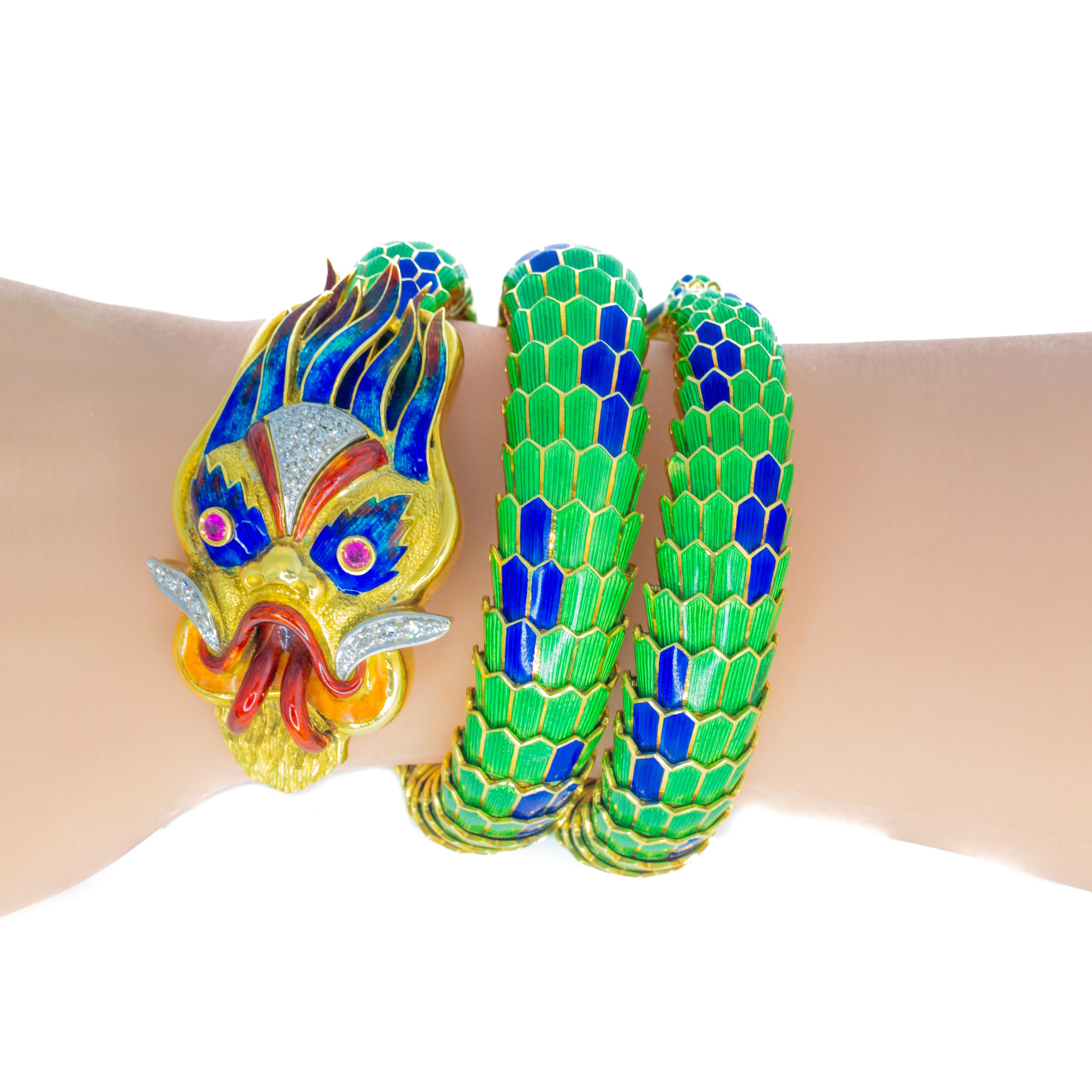 Paul Flato Gold, Multicolored Enamel, Ruby, and Diamond Dragon Bracelet In Excellent Condition For Sale In New York, NY