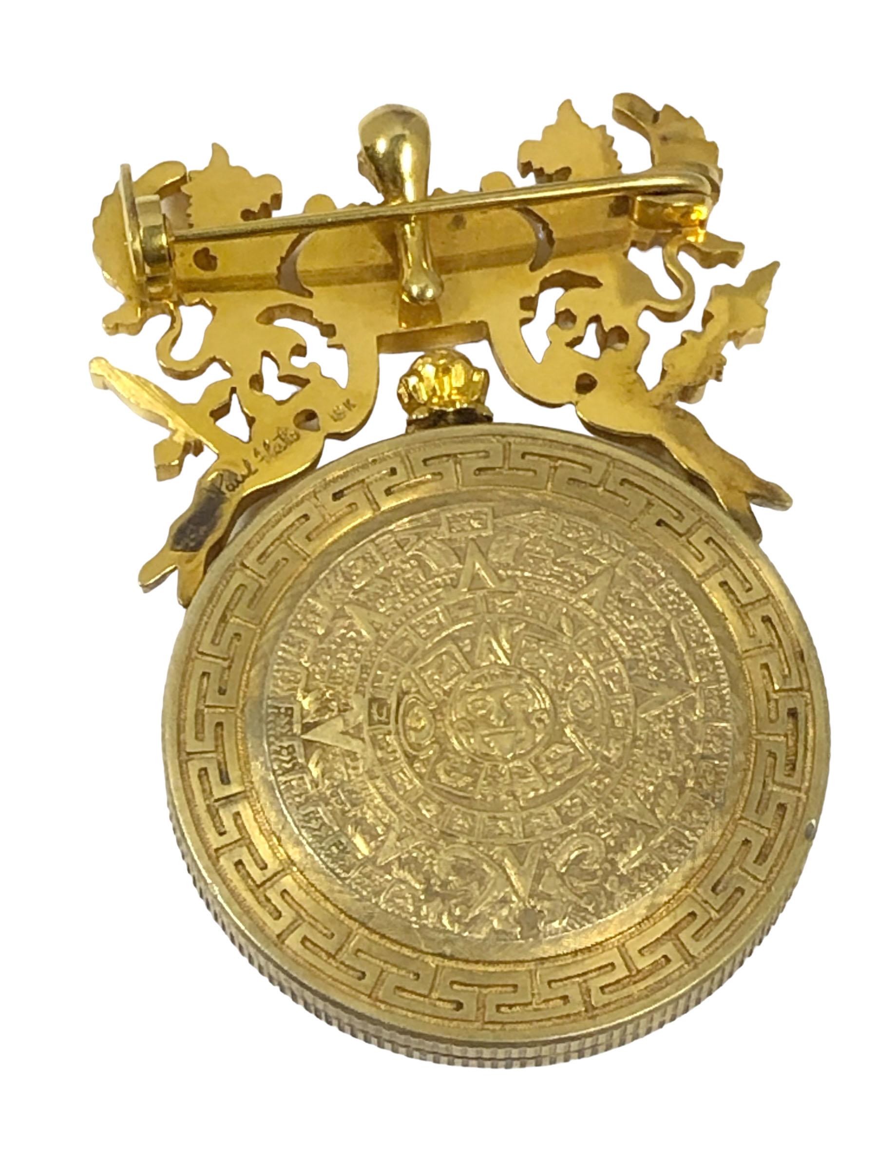 Circa 1950 Paul Flato Iconic Gold Coin Watch, measuring 2 3/8 inches in length and 1 3/4 inches wide. The entire piece is 18k Yellow Gold with the authentic and all hand cut out for a skeletonized 1866 1 Peso Gold coin being 22k, the back features a
