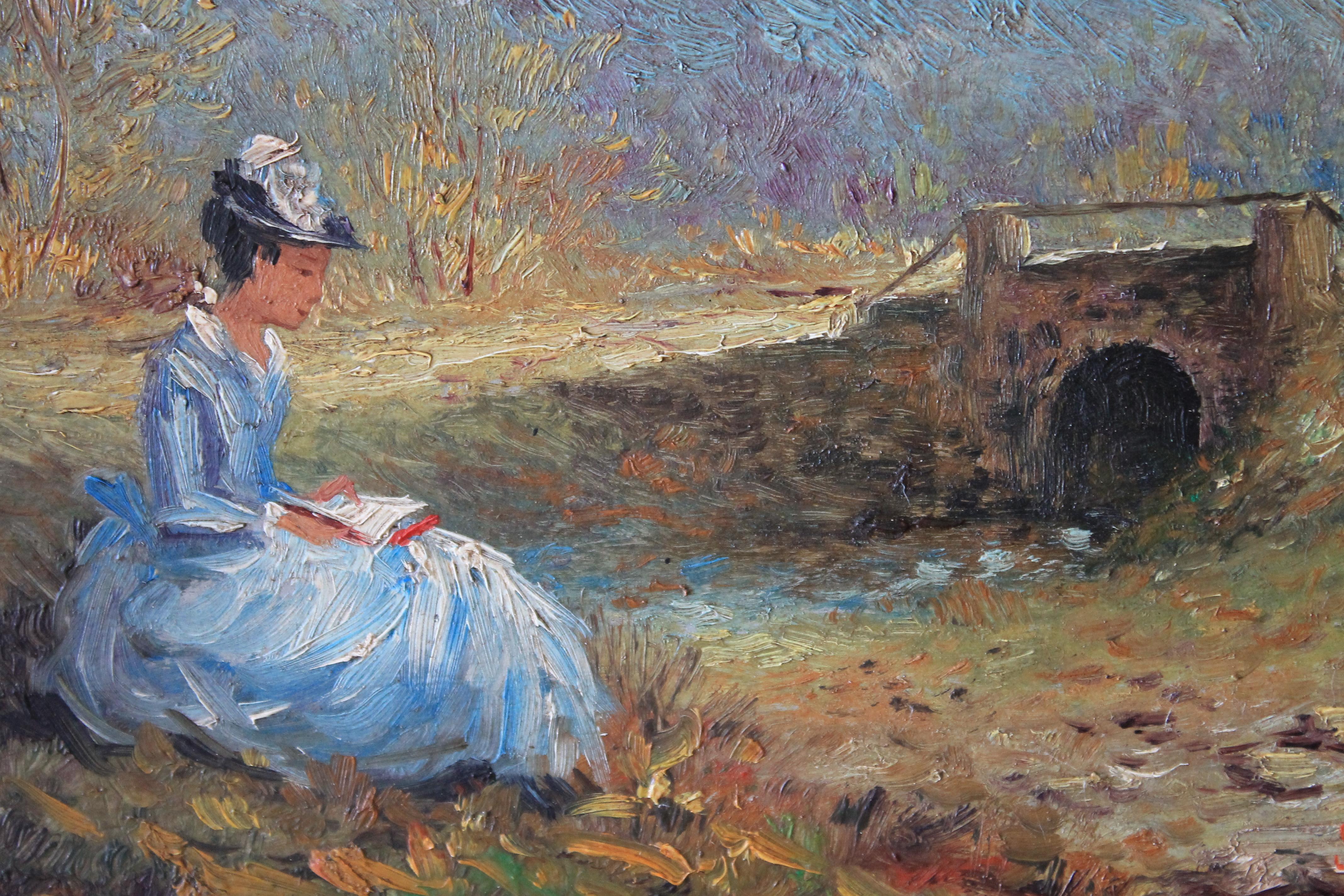 Peinture à l'huile figurative vintage d'une femme dans un paysage - Painting de  Paul Flaubert