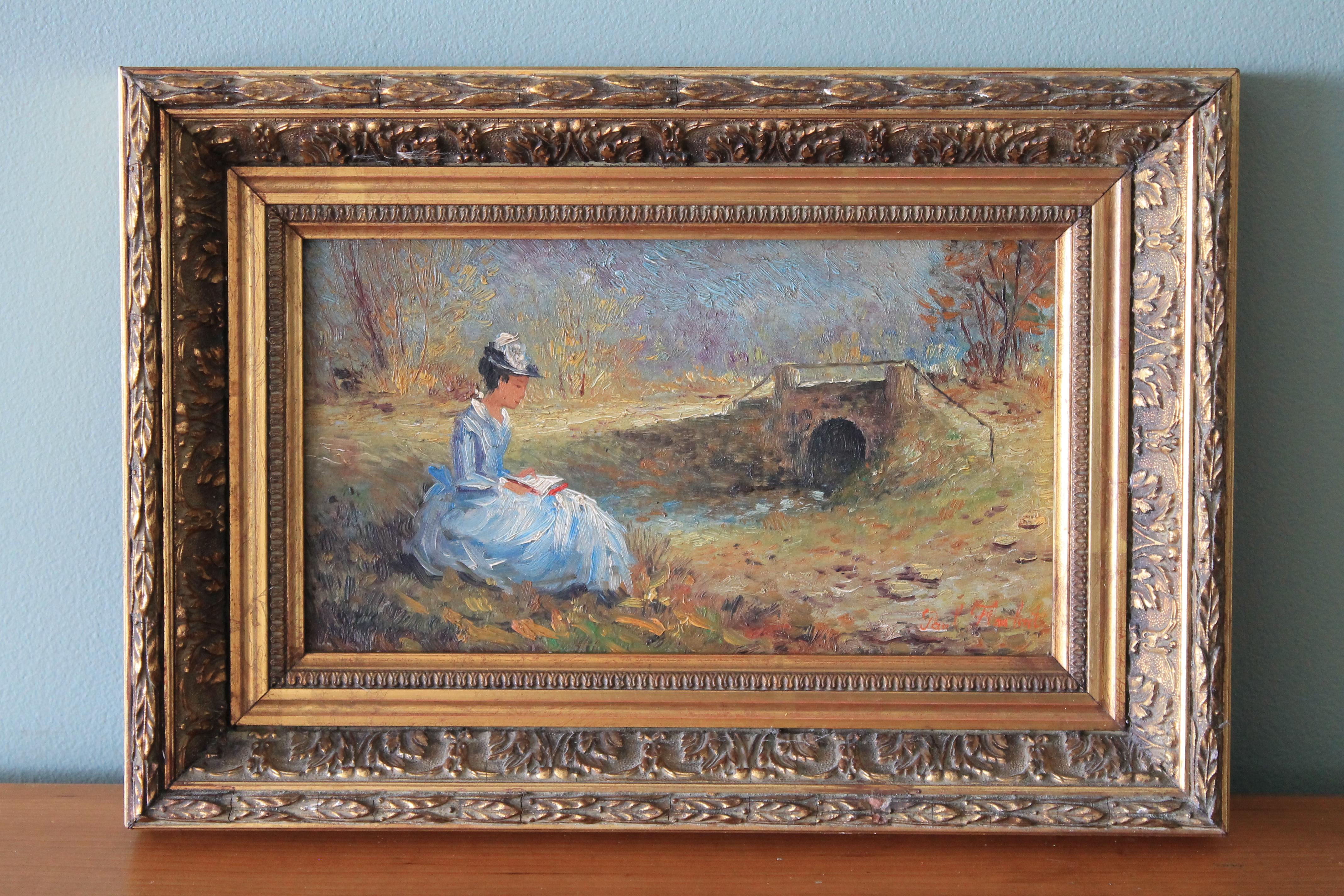 Peinture à l'huile figurative vintage d'une femme dans un paysage - Marron Figurative Painting par  Paul Flaubert