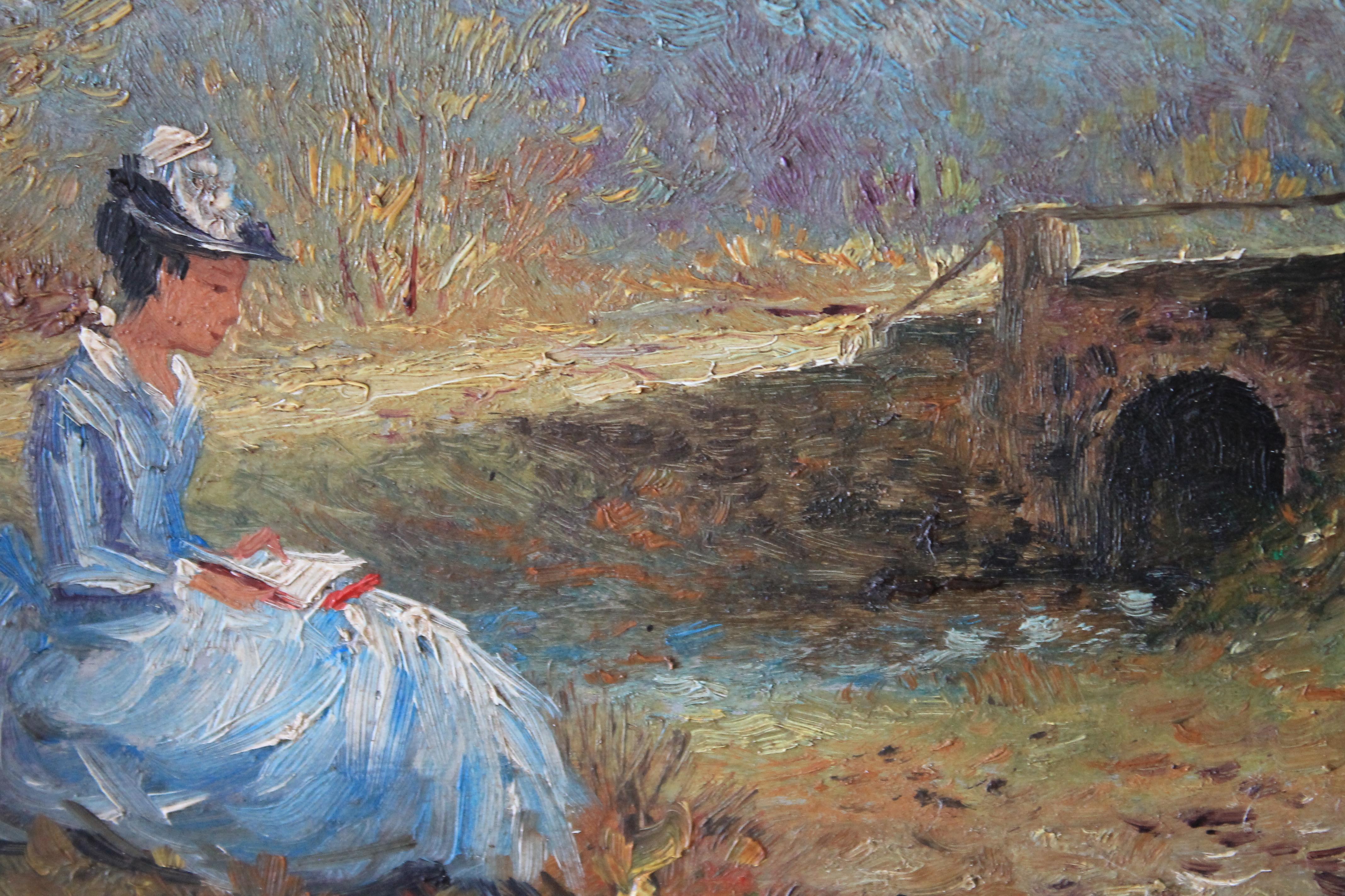 Séduisante peinture vintage à l'huile sur bois de Paul Flaubert (1928-1994) représentant une femme dans un paysage. 
Peinture à l'huile figurative d'une femme lisant au bord d'une rivière.  Cette peinture impressionniste est magnifiquement composée