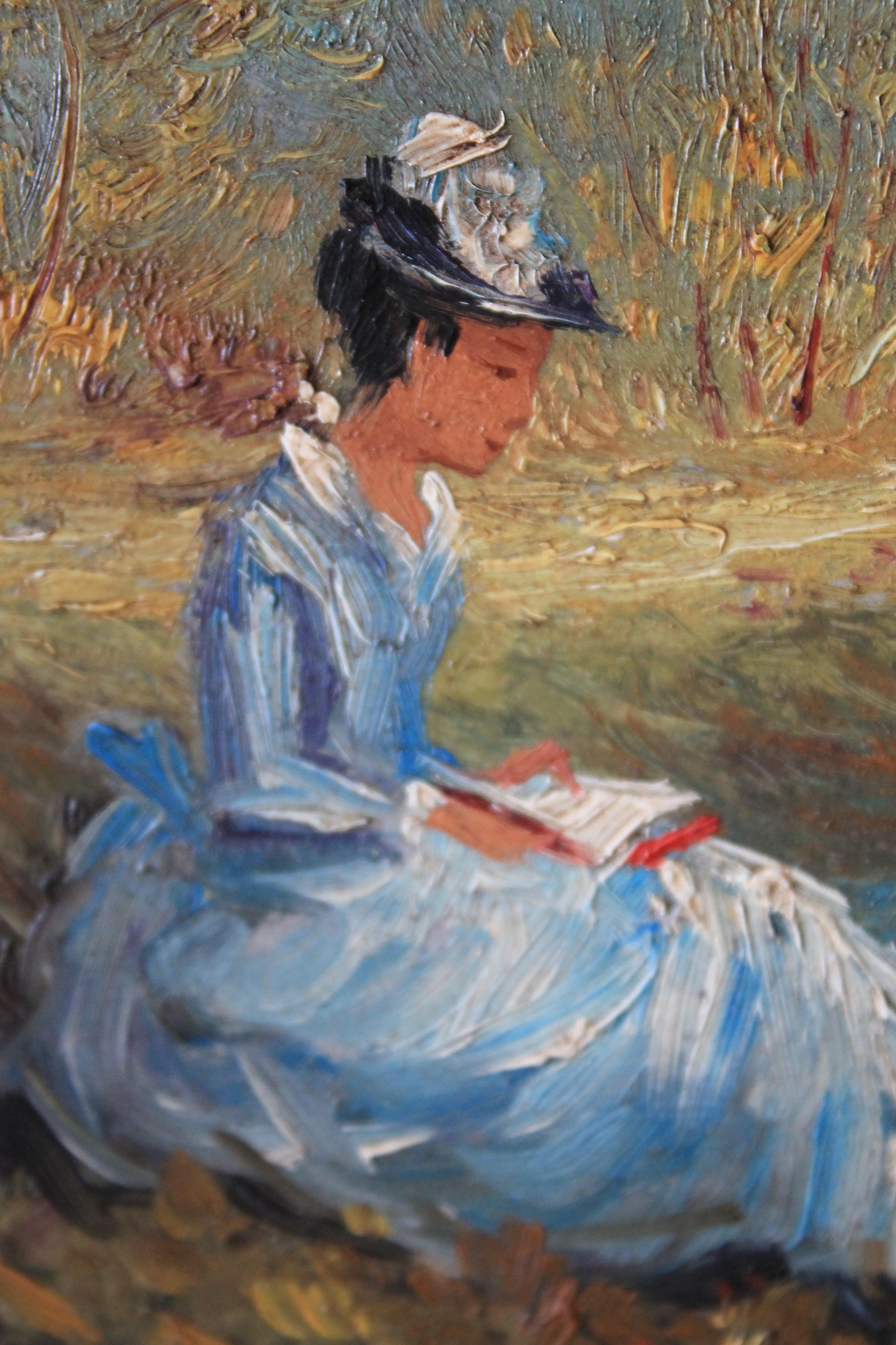 Peinture à l'huile figurative vintage d'une femme dans un paysage 1