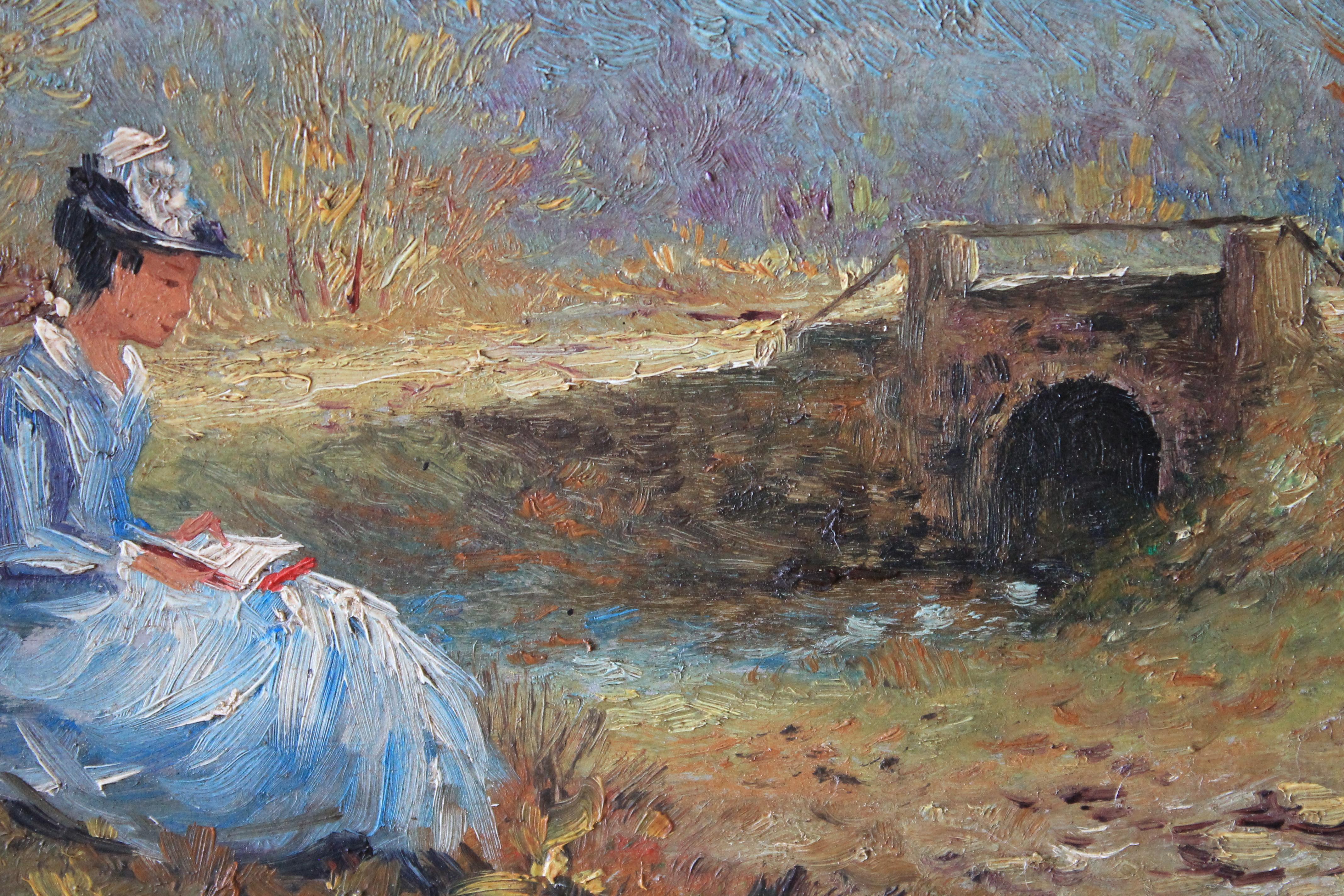 Peinture à l'huile figurative vintage d'une femme dans un paysage 2