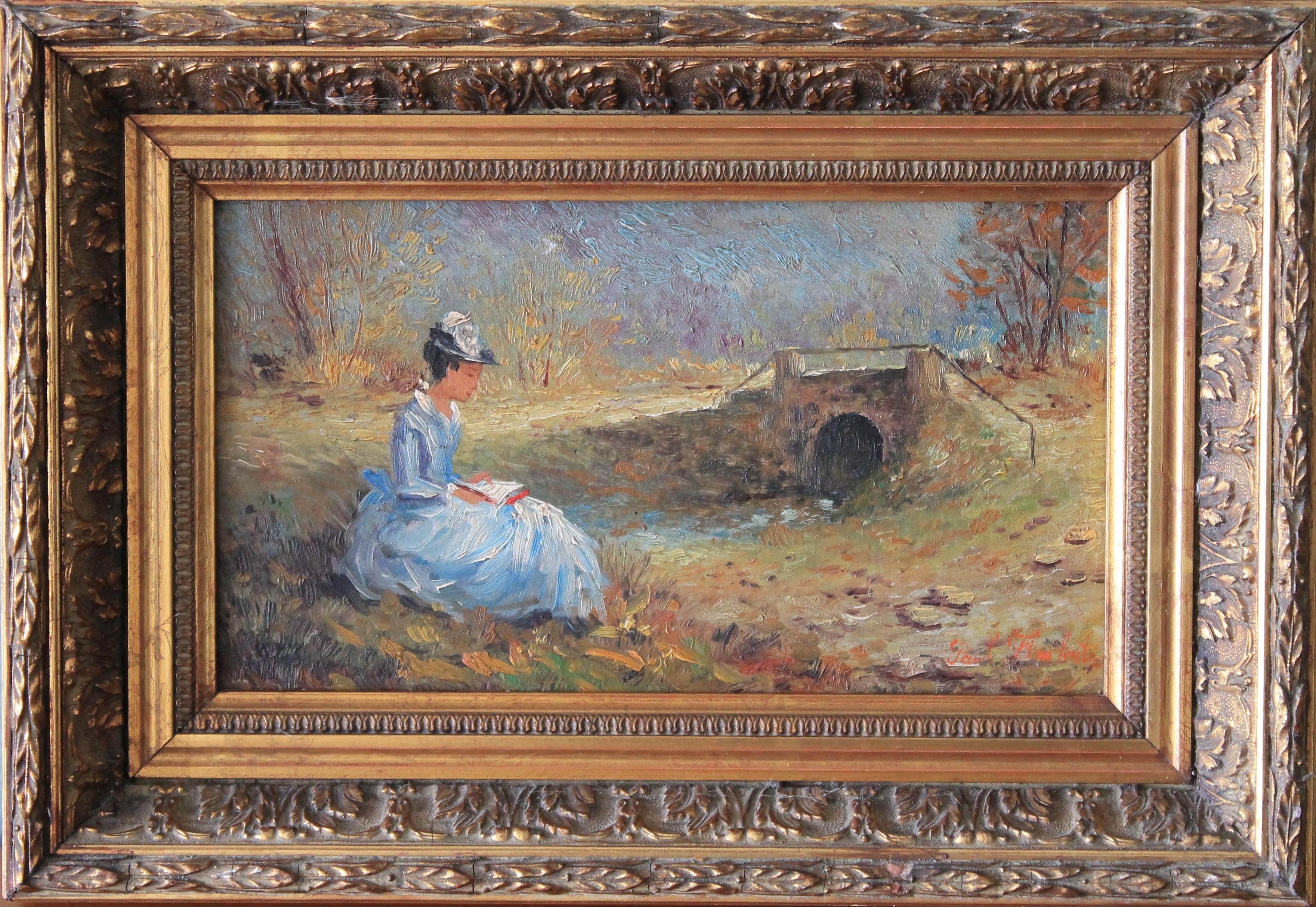 Figurative Painting  Paul Flaubert - Peinture à l'huile figurative vintage d'une femme dans un paysage