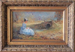 Peinture à l'huile figurative vintage d'une femme dans un paysage