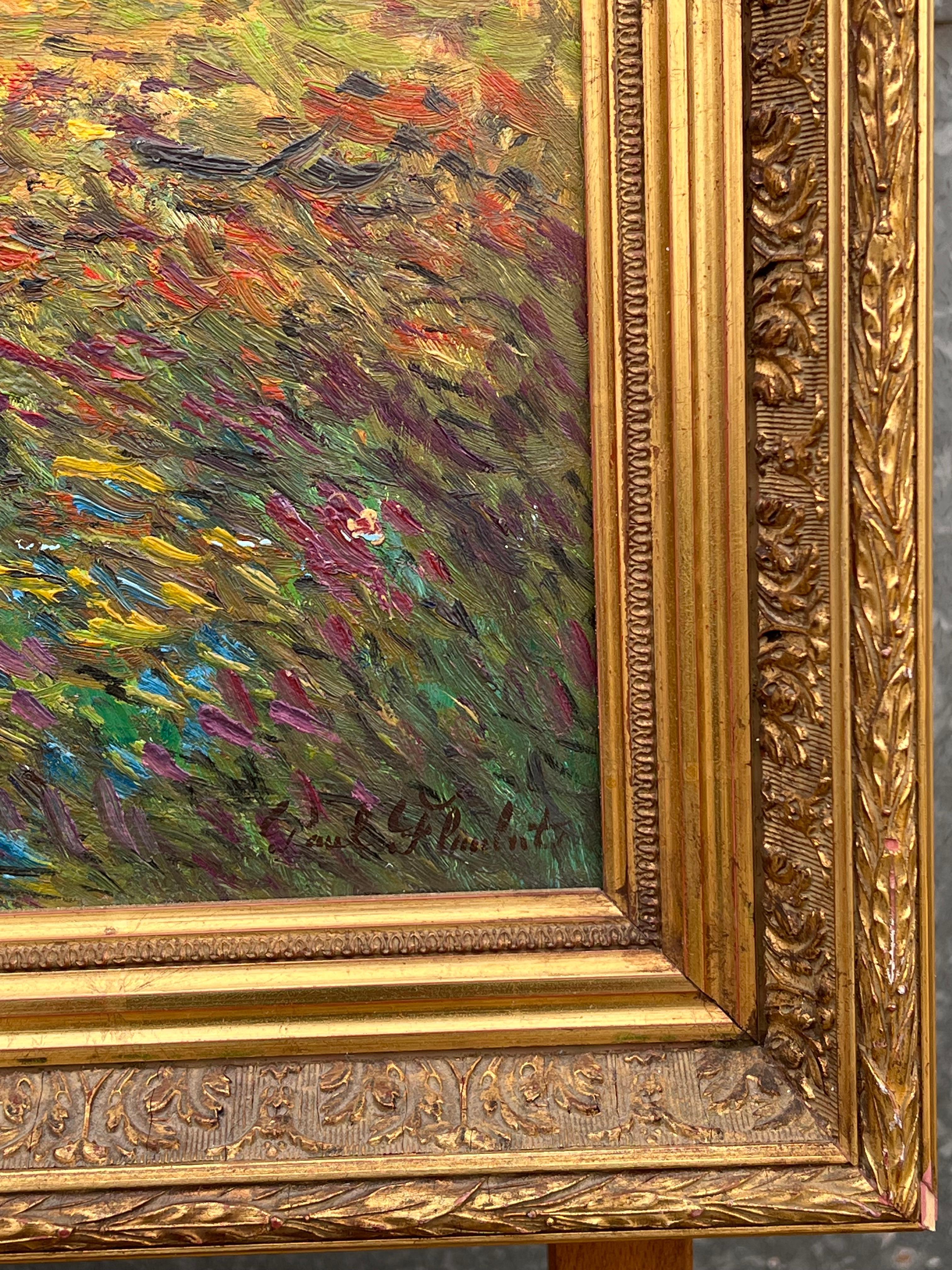Fine French Impressionist Signed Oil Painting Figures Wild Flower Meadows For Sale 7