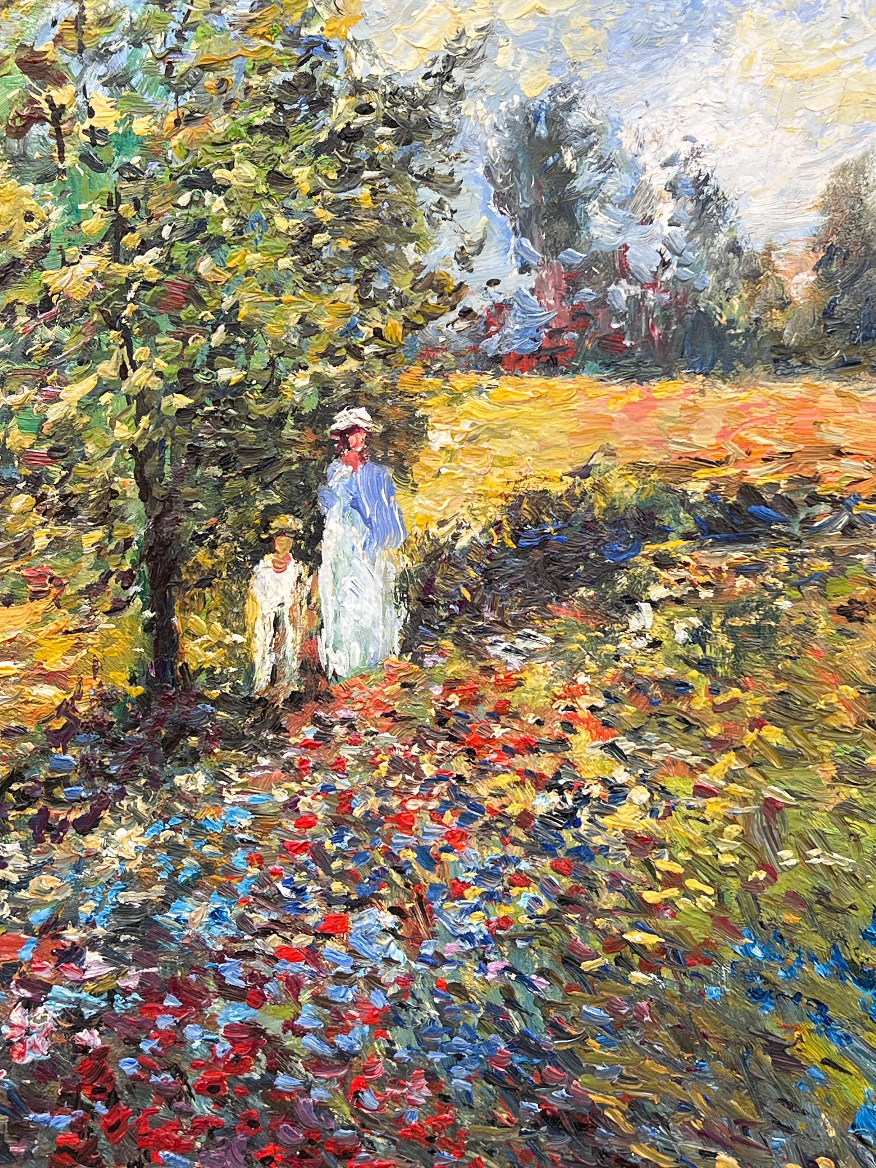 Fine French Impressionist Signed Oil Painting Figures Wild Flower Meadows For Sale 8