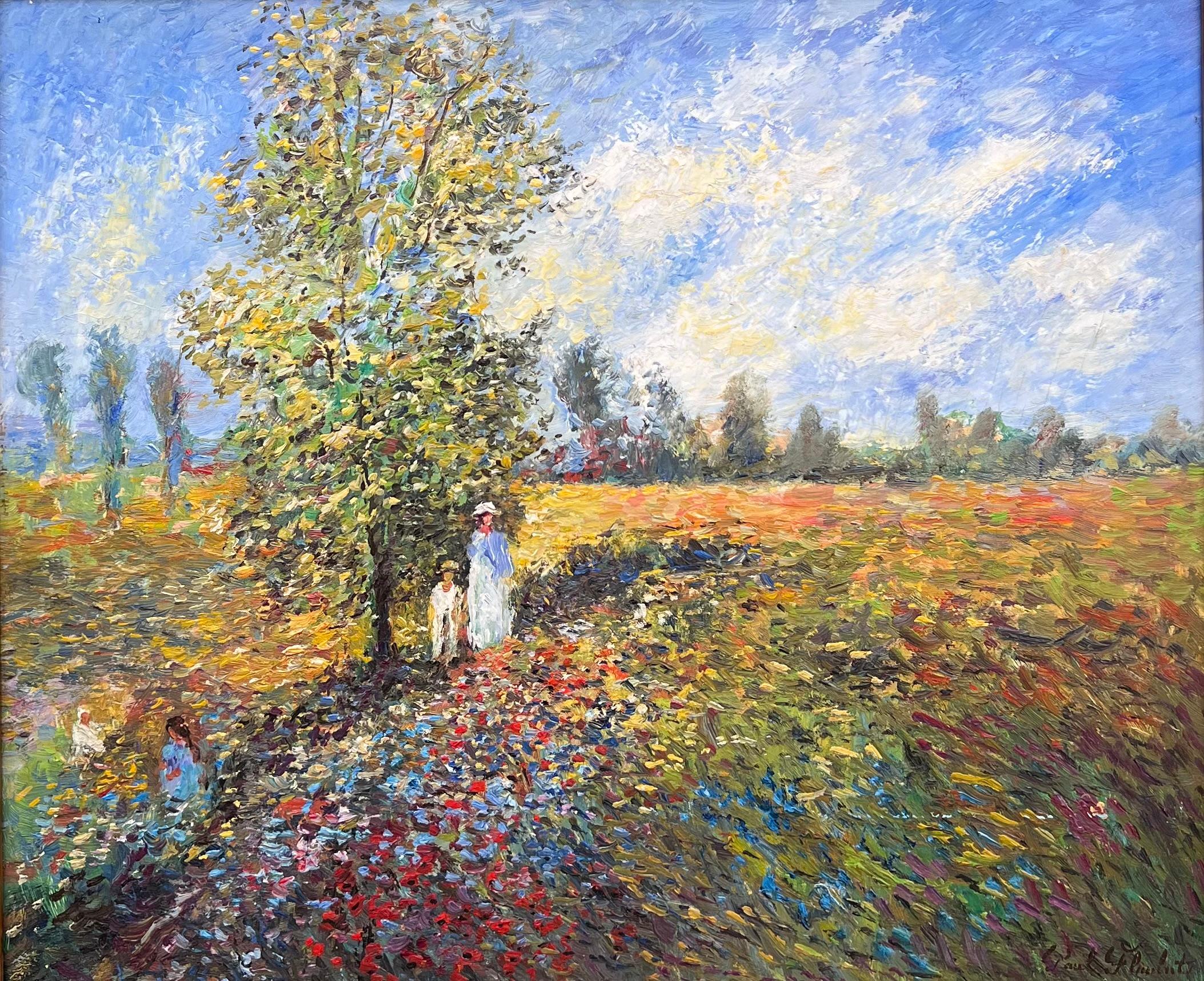 Fine French Impressionist Signed Oil Painting Figures Wild Flower Meadows - Brown Landscape Painting by Paul Flaubert (French, 1928-1994)