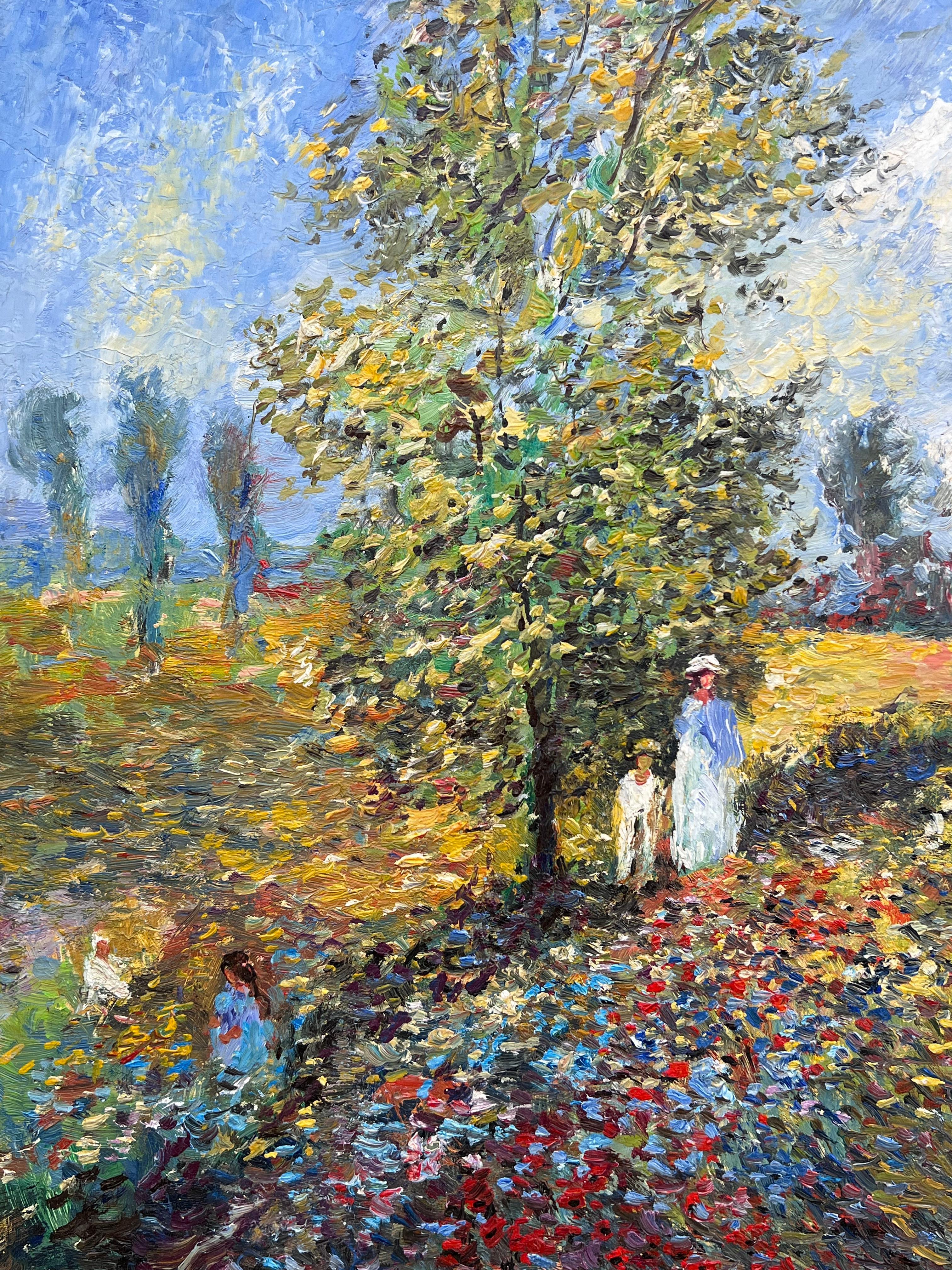Fine French Impressionist Signed Oil Painting Figures Wild Flower Meadows For Sale 1