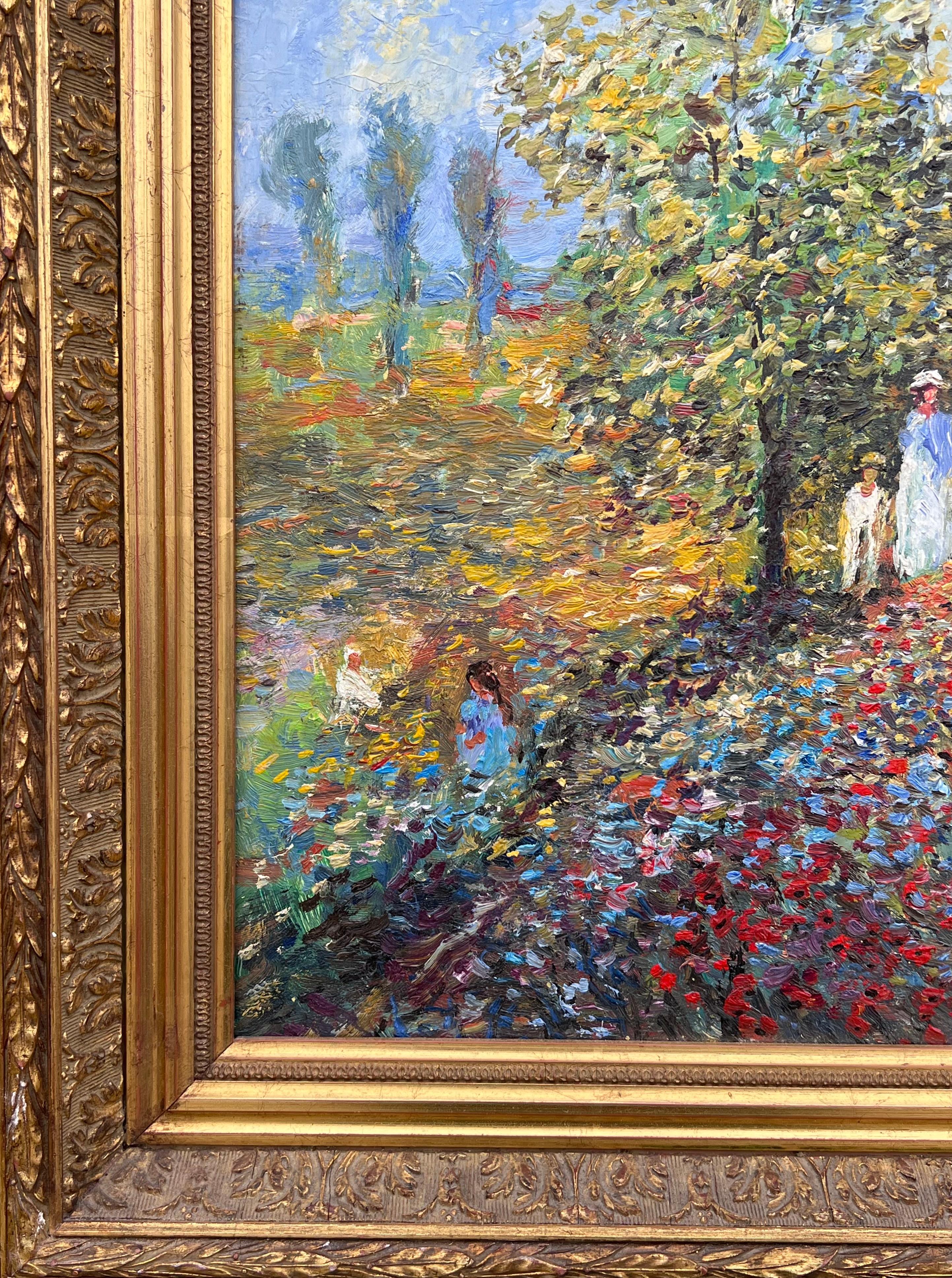 Fine French Impressionist Signed Oil Painting Figures Wild Flower Meadows For Sale 2