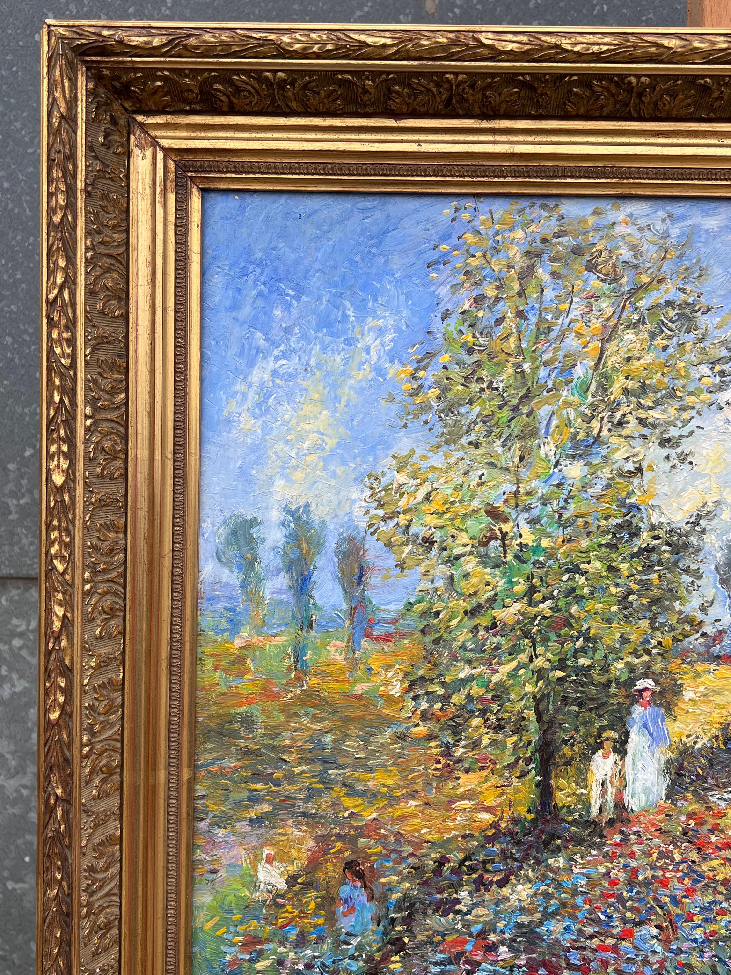 Fine French Impressionist Signed Oil Painting Figures Wild Flower Meadows For Sale 3
