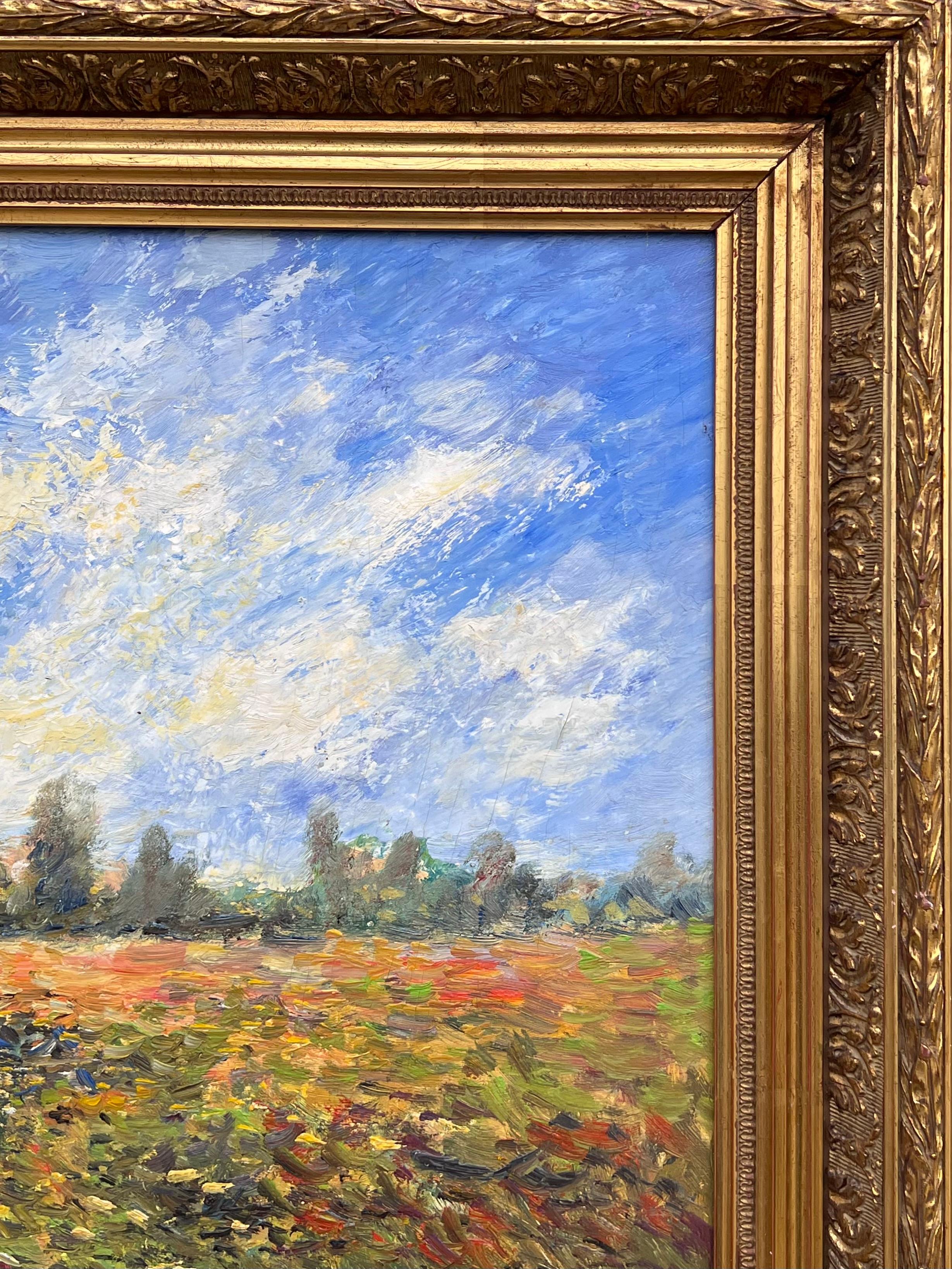 Fine French Impressionist Signed Oil Painting Figures Wild Flower Meadows For Sale 4