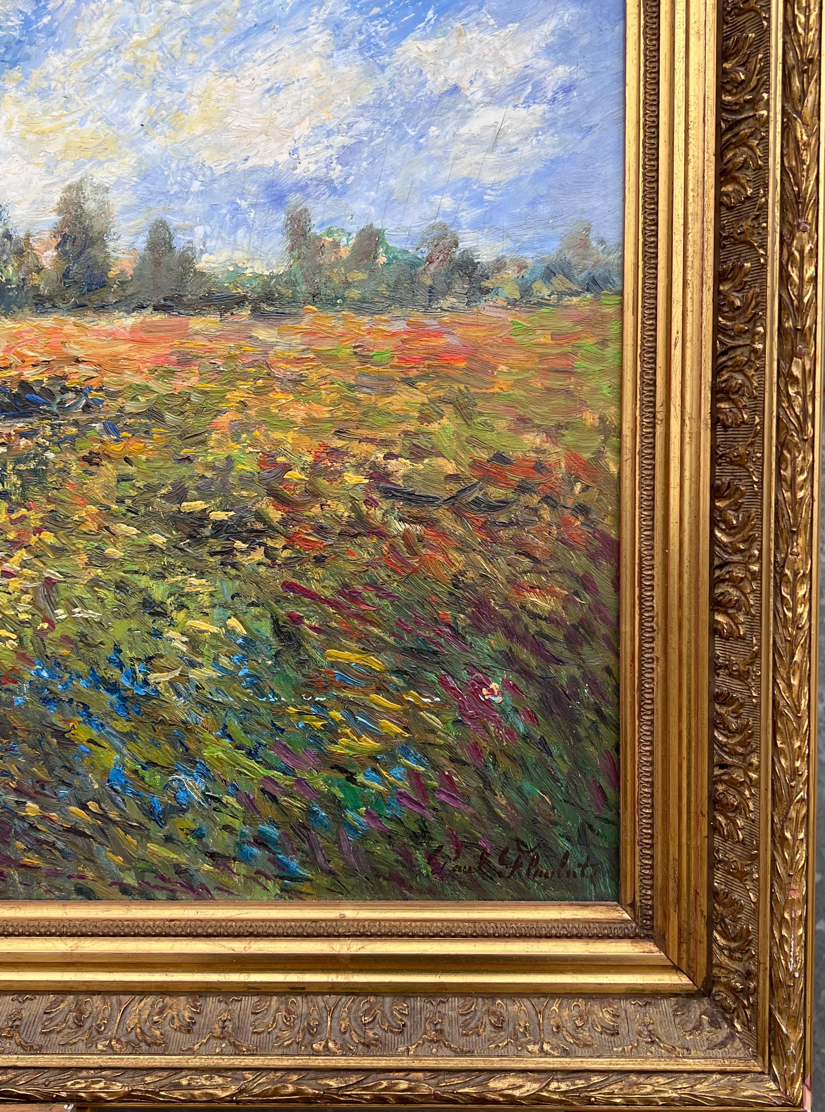 Fine French Impressionist Signed Oil Painting Figures Wild Flower Meadows For Sale 5