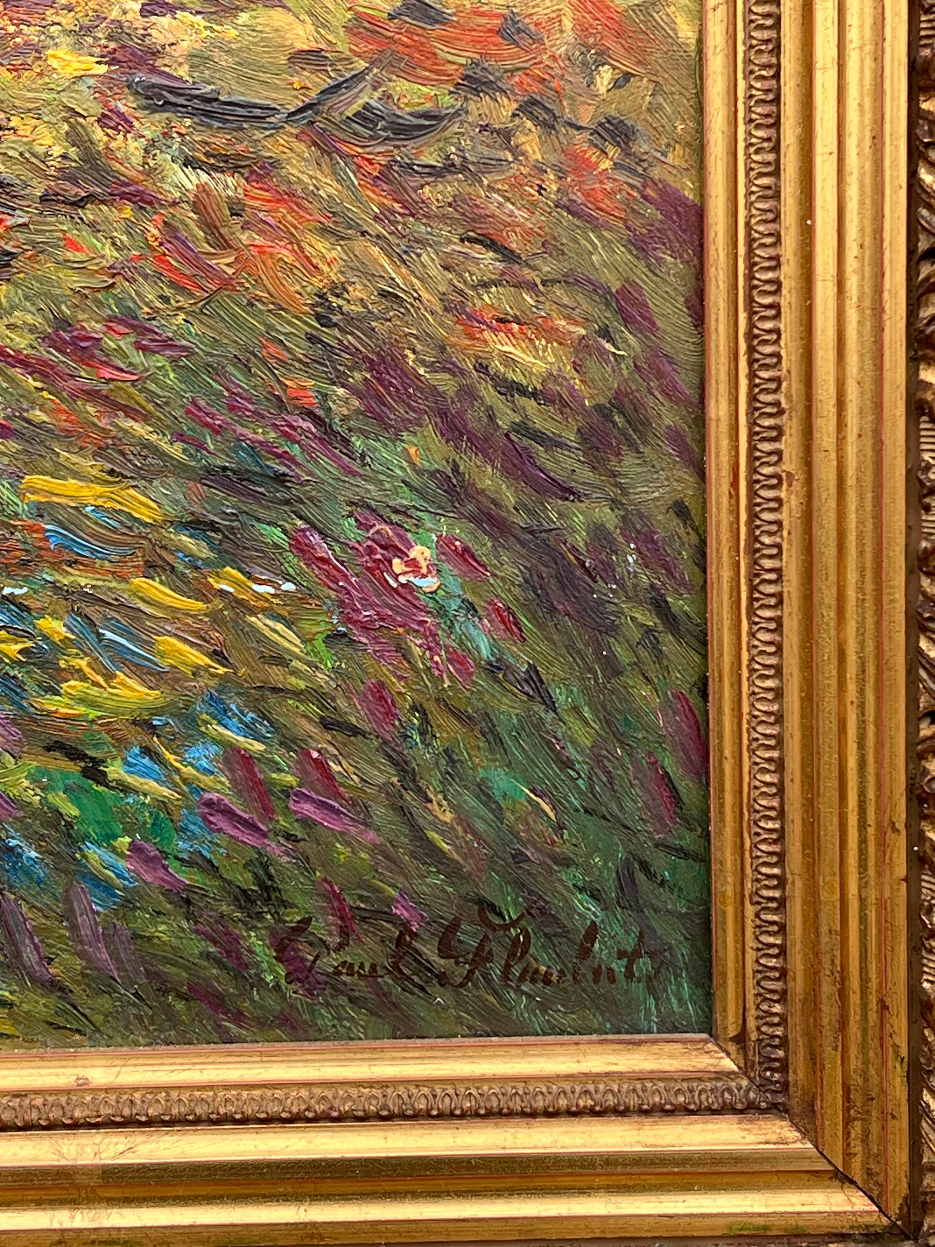 Fine French Impressionist Signed Oil Painting Figures Wild Flower Meadows For Sale 6