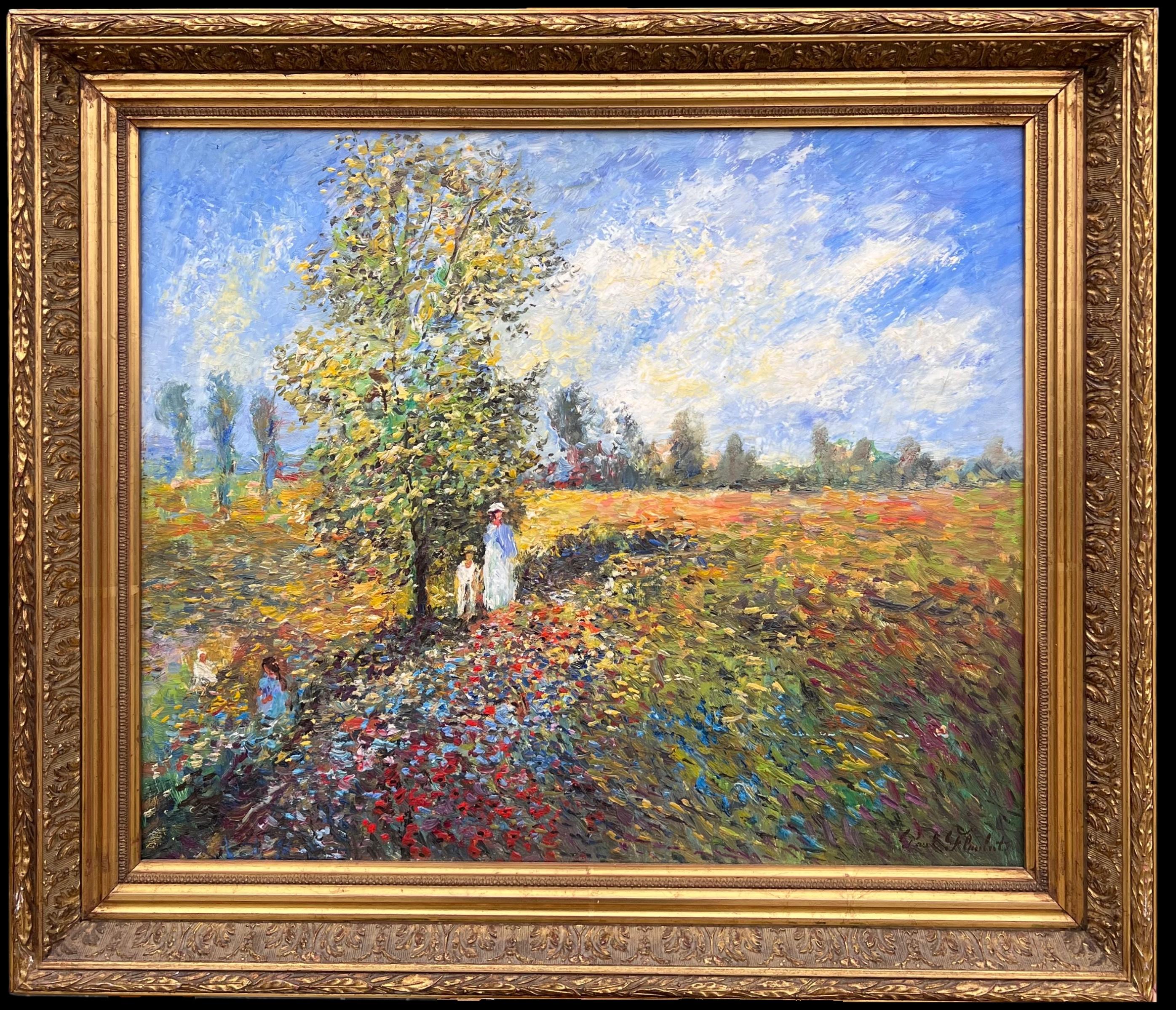 Paul Flaubert (French, 1928-1994) Landscape Painting - Fine French Impressionist Signed Oil Painting Figures Wild Flower Meadows