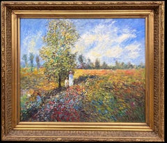 Fine French Impressionist Signed Oil Painting Figures Wild Flower Meadows