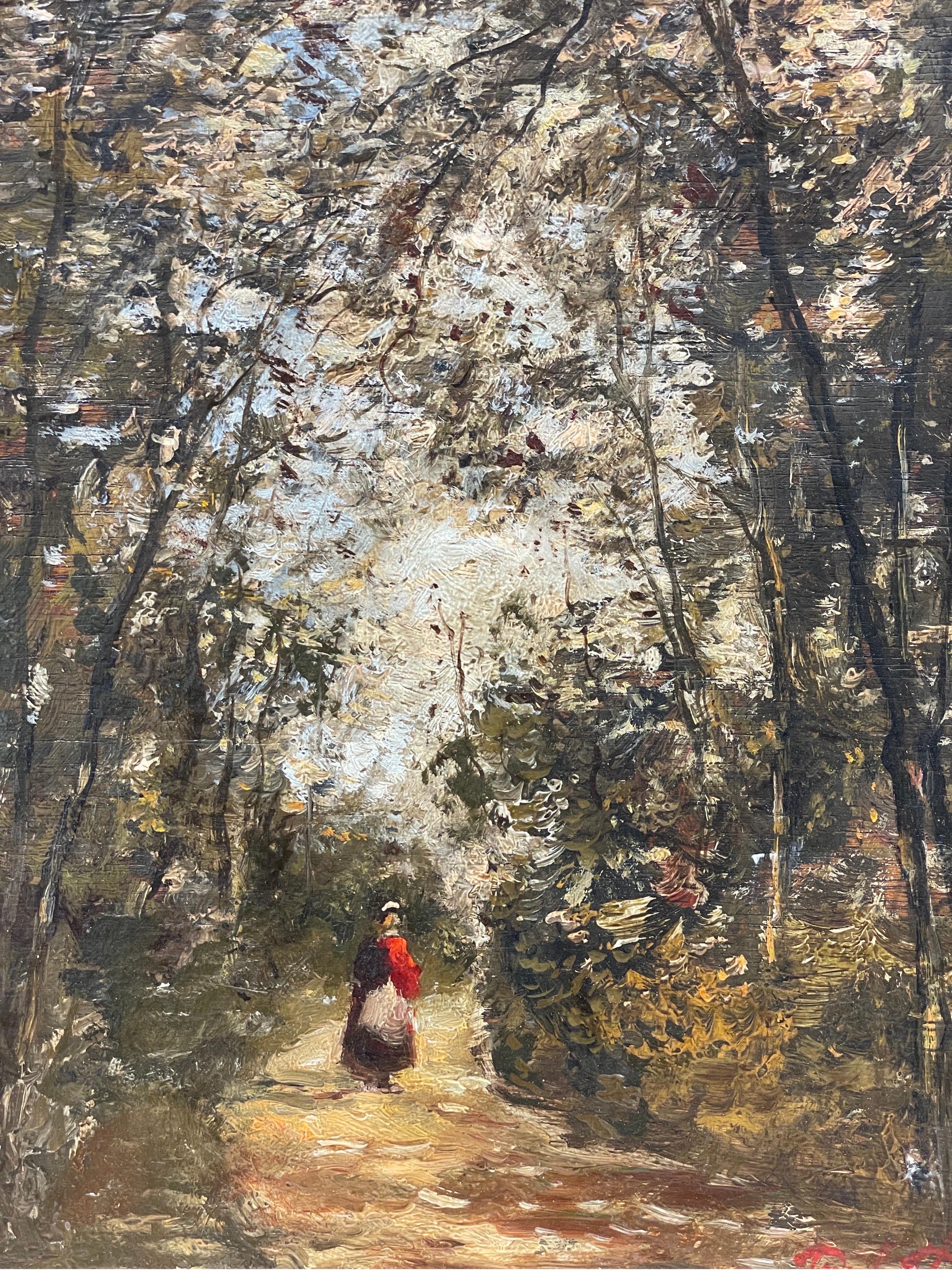 Peinture à l'huile impressionniste française d'une femme marchant sur un chemin de bois, lumière apprêtée - Painting de Paul Flaubert
