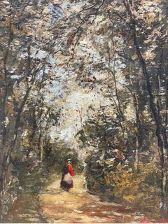 Peinture à l'huile impressionniste française d'une femme marchant sur un chemin de bois, lumière apprêtée