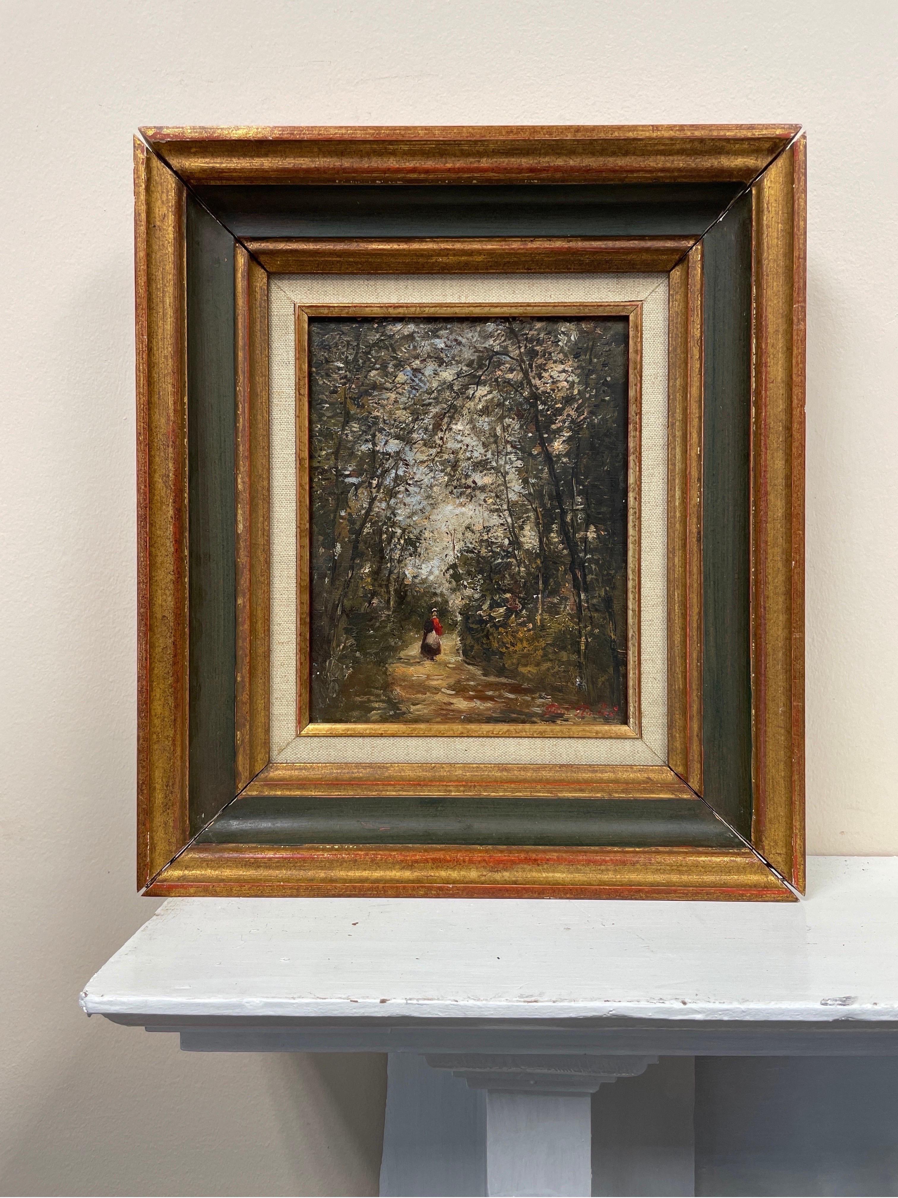 Peinture à l'huile impressionniste française d'une femme marchant sur un chemin de bois, lumière apprêtée - Impressionnisme Painting par Paul Flaubert