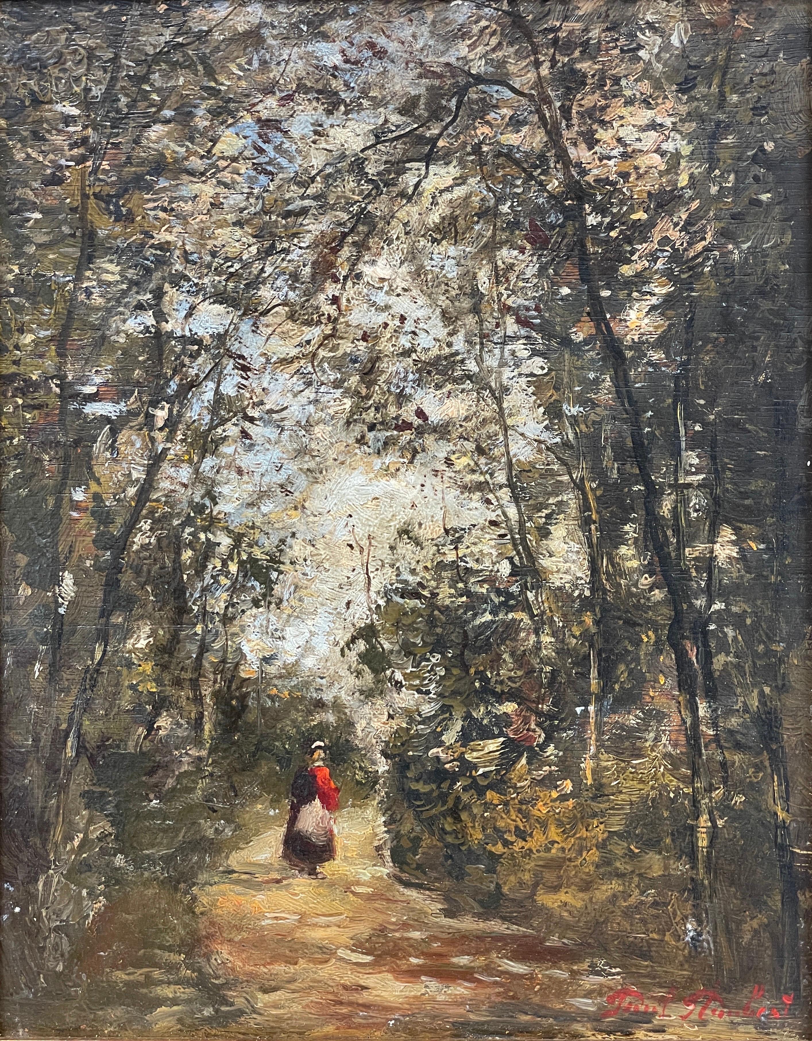 Peinture à l'huile impressionniste française d'une femme marchant sur un chemin de bois, lumière apprêtée - Gris Landscape Painting par Paul Flaubert