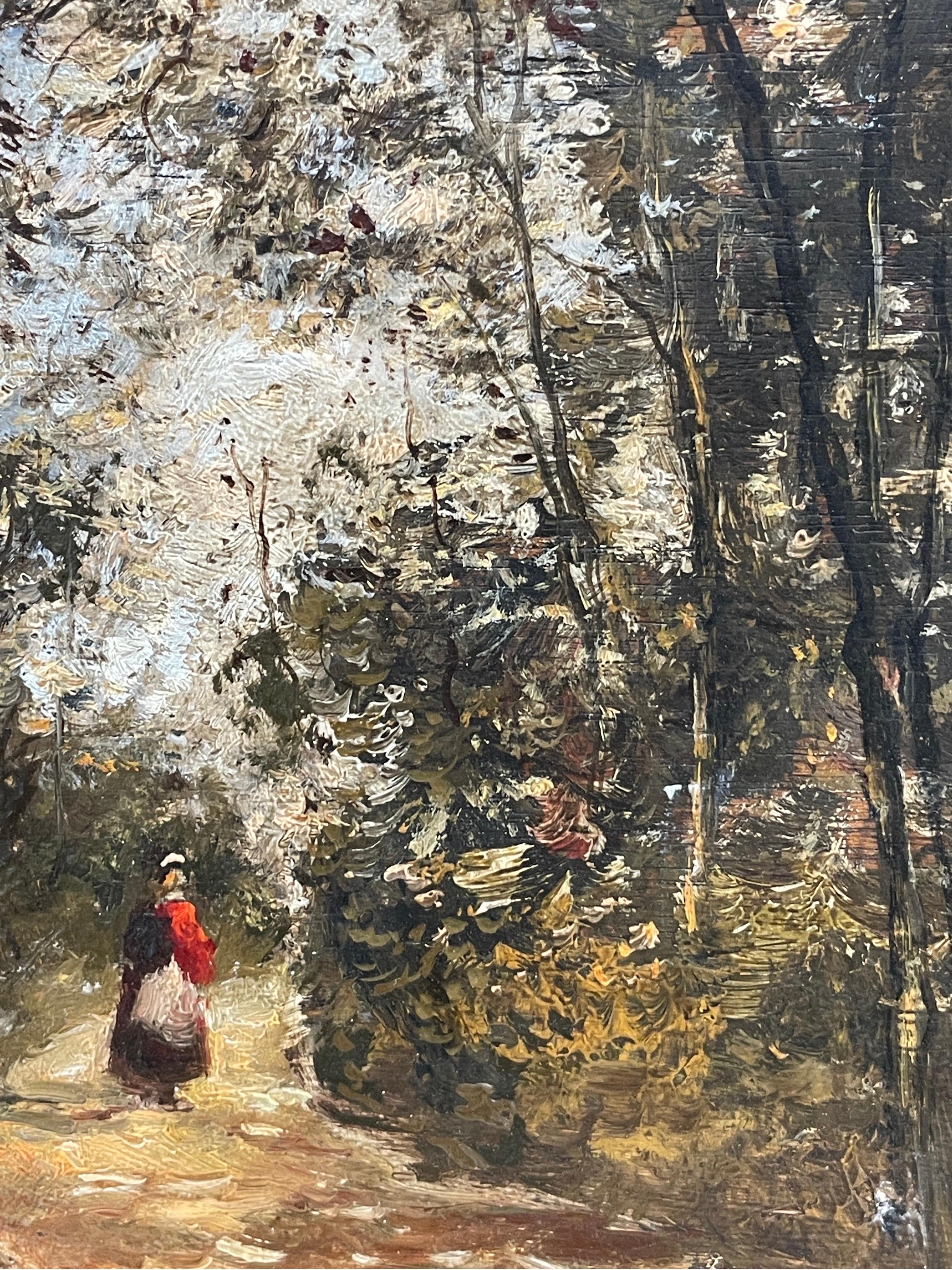 Peinture à l'huile impressionniste française d'une femme marchant sur un chemin de bois, lumière apprêtée en vente 1