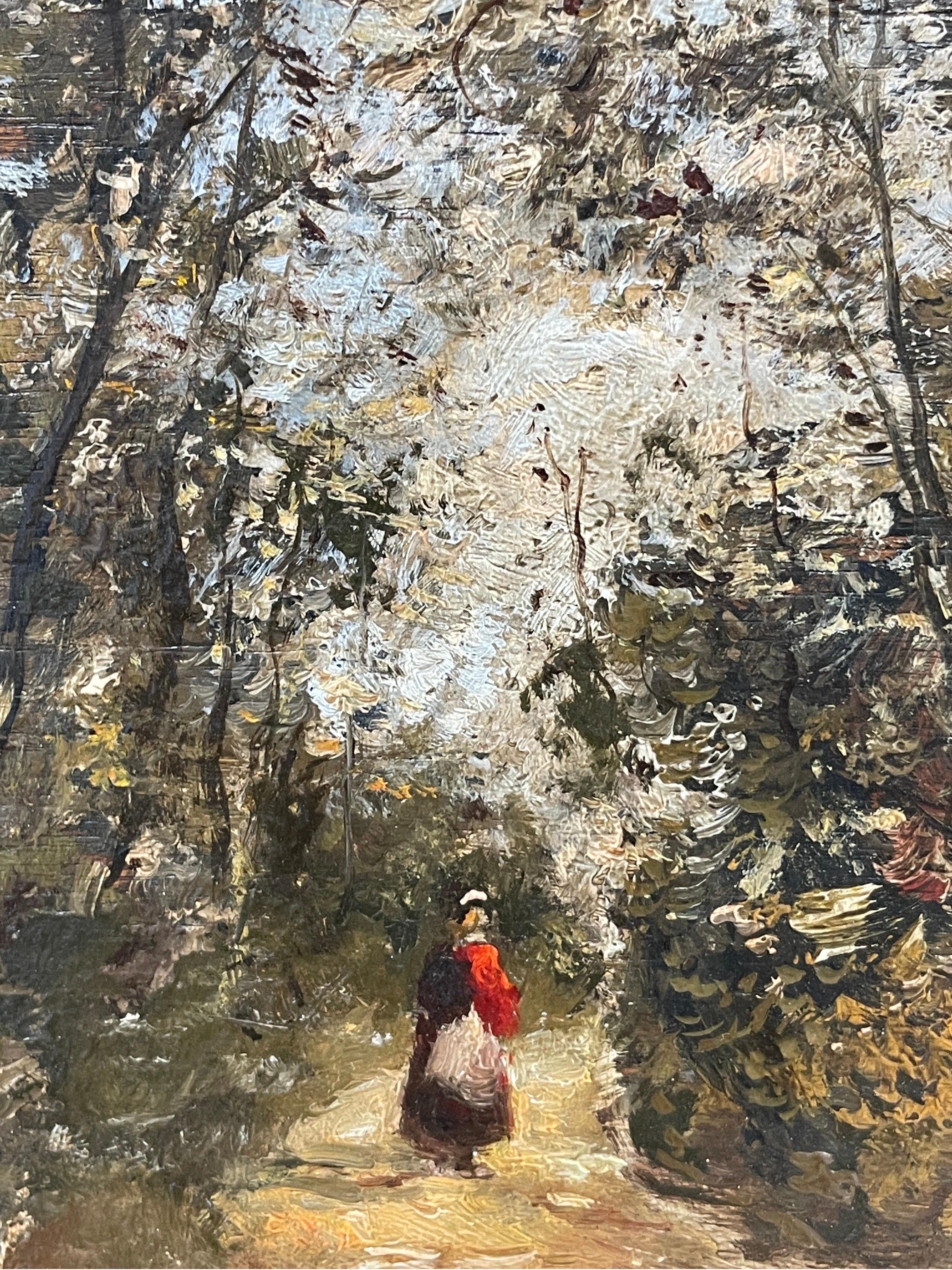 Landscape Painting Paul Flaubert - Peinture à l'huile impressionniste française d'une femme marchant sur un chemin de bois, lumière apprêtée